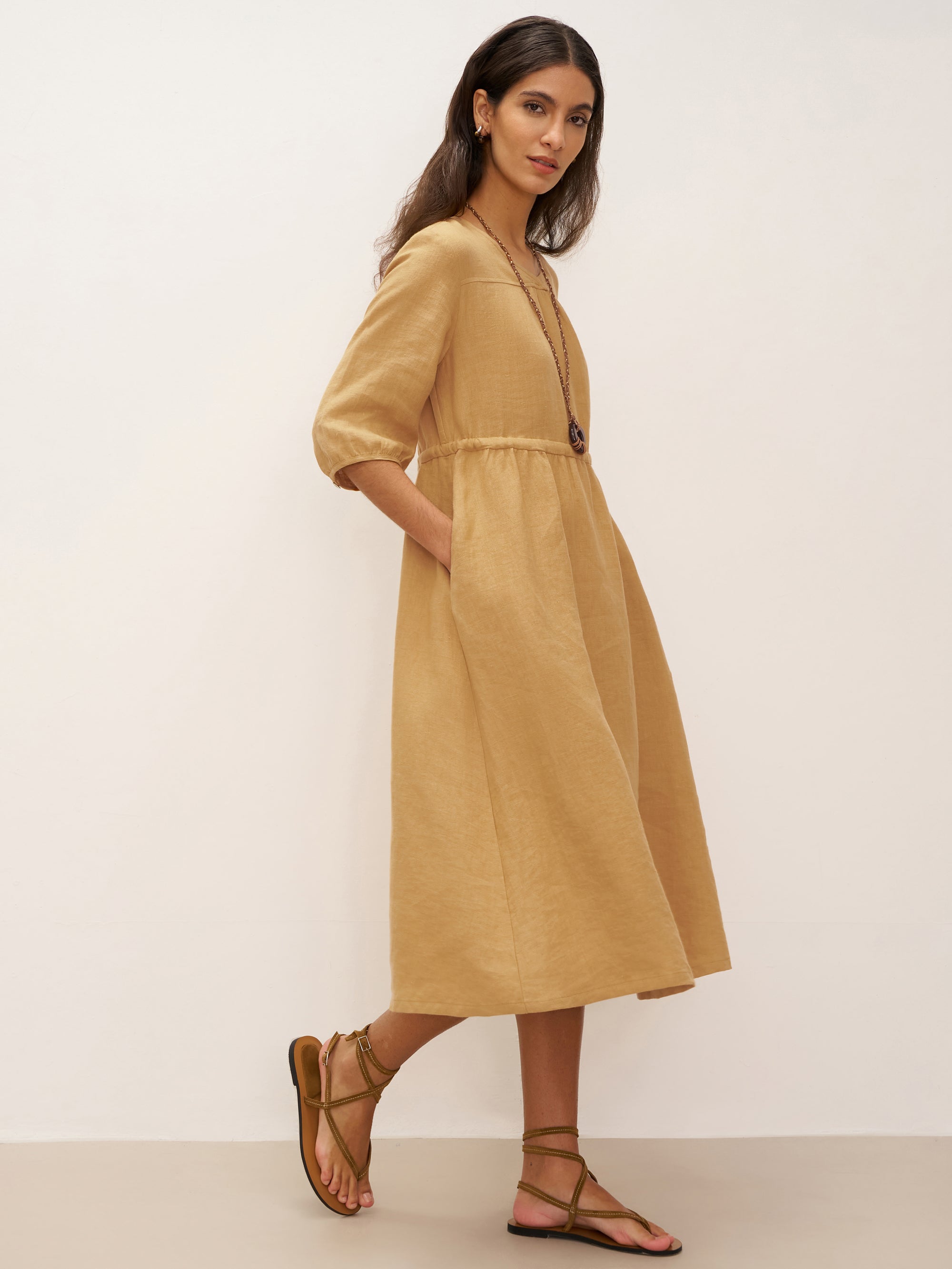 100% Linen A-Line Drawstring Waist Midi Dress DIXIE - DRESSES-Linen