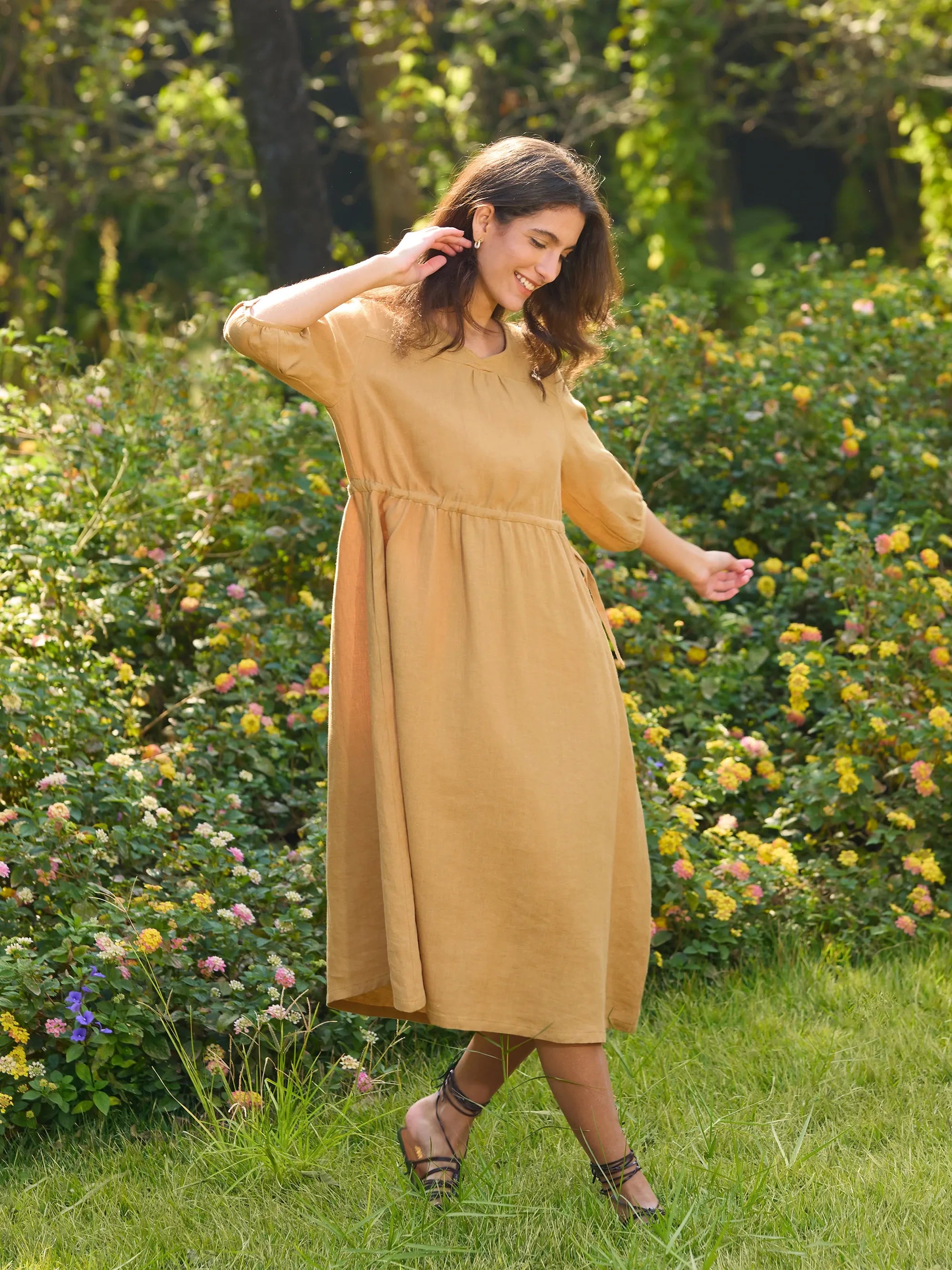 100% Linen A-Line Drawstring Waist Midi Dress DIXIE - DRESSES-Linen