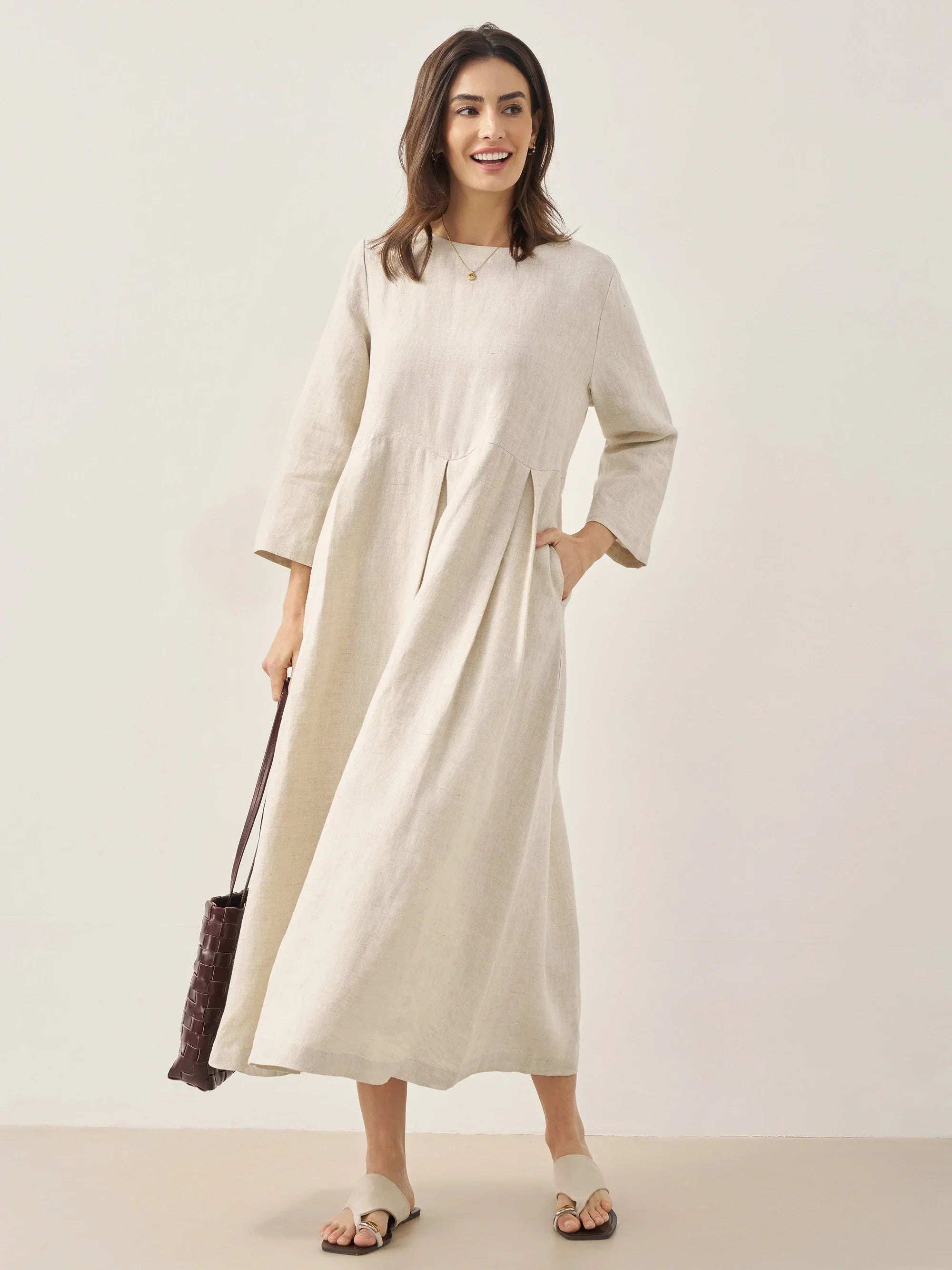 100% Linen Bateau Neck Pleated Maxi Dress - DRESSES-Linen