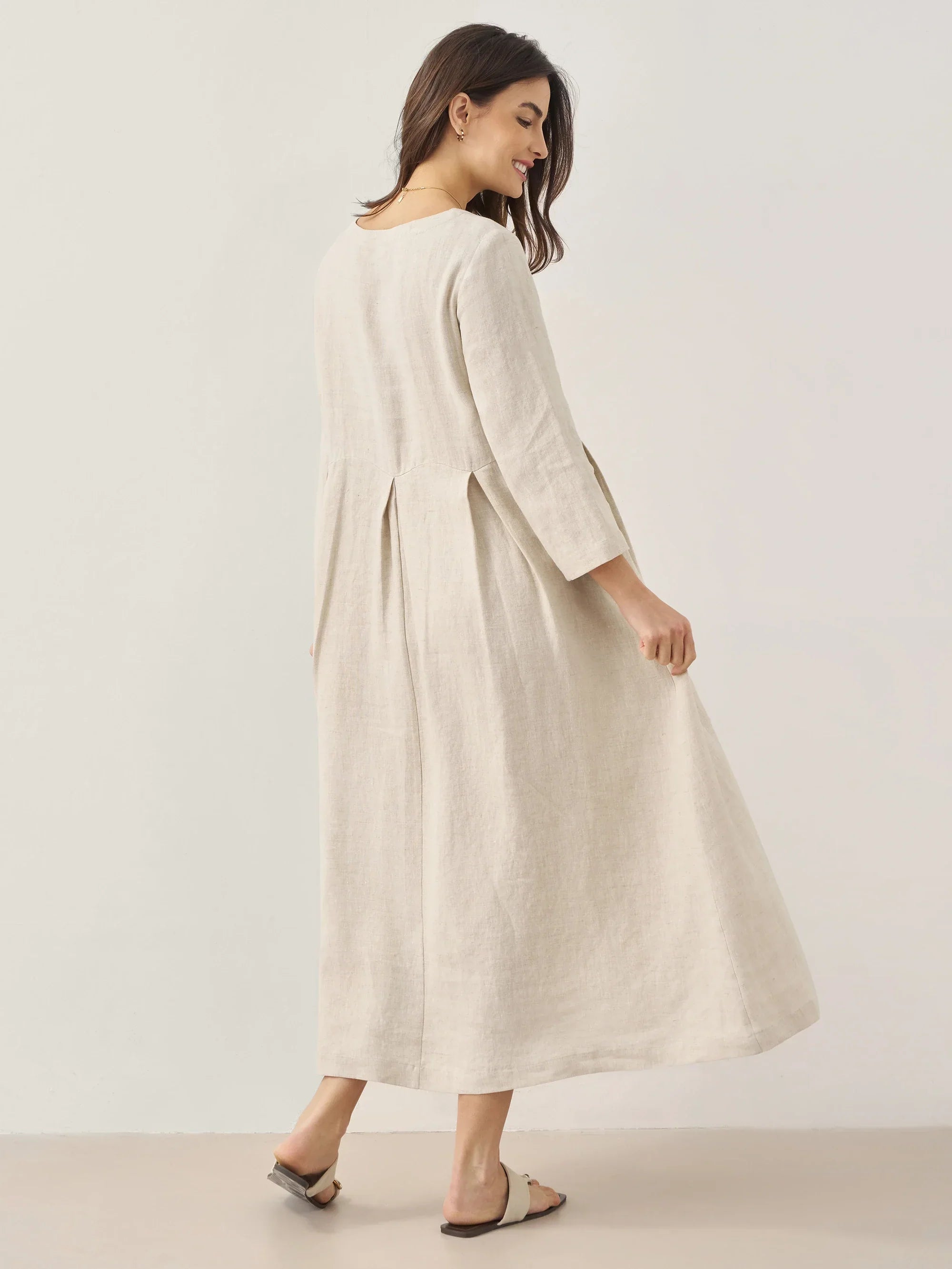 100% Linen Bateau Neck Pleated Maxi Dress - DRESSES-Linen