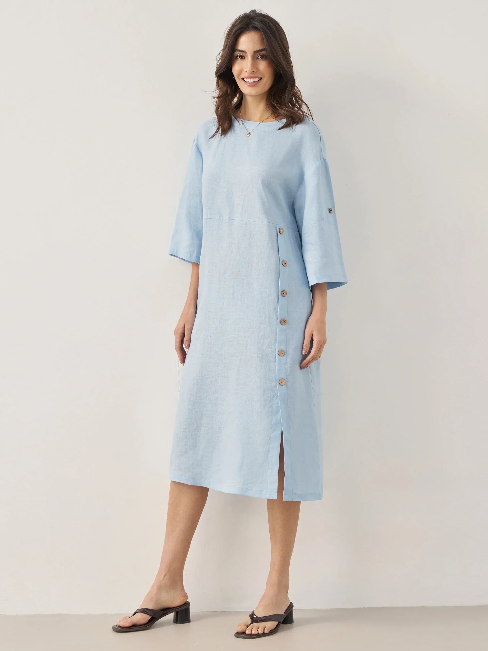 100% Linen Round Neck Button Detail Midi Dress JELENA - DRESSES-Linen