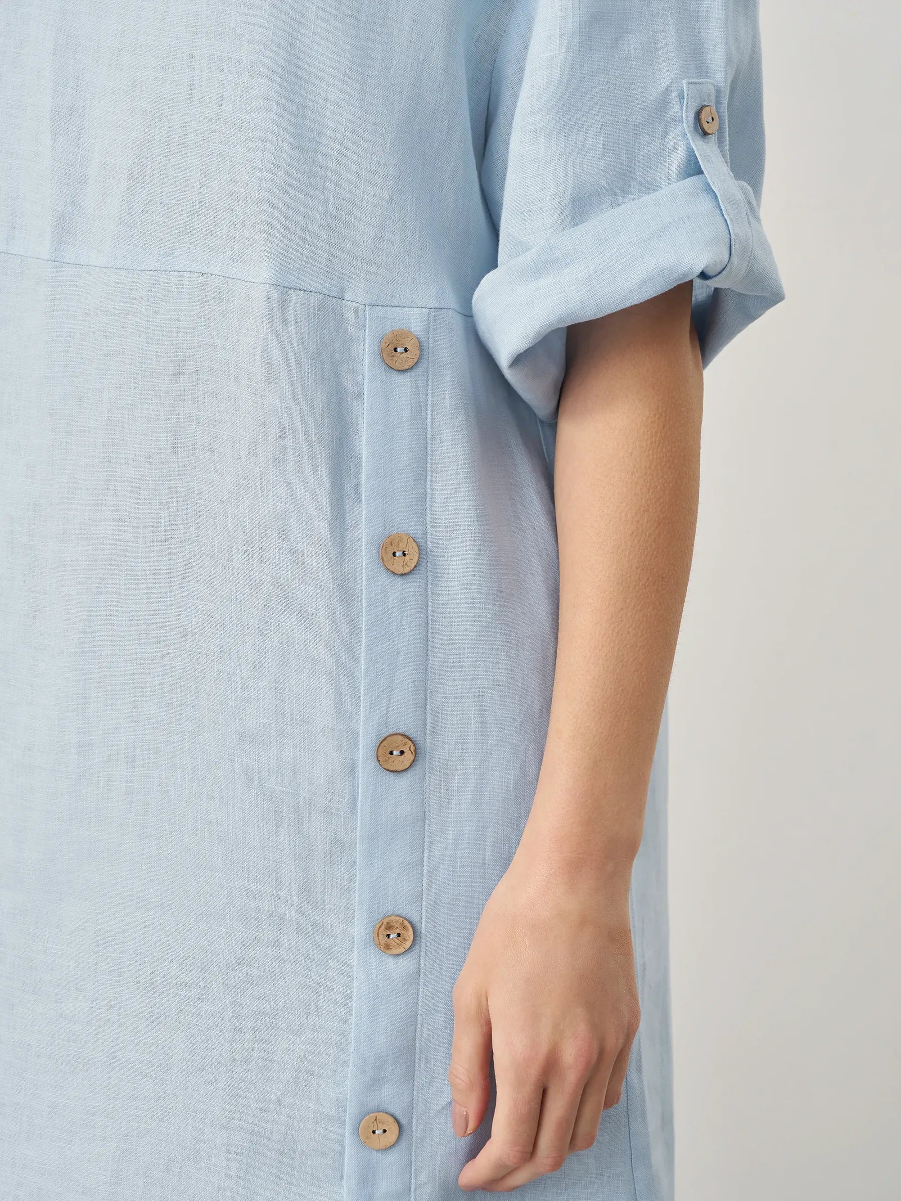 100% Linen Round Neck Button Detail Midi Dress JELENA - DRESSES-Linen