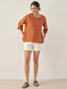 100% Linen Round Neck Artistic Stripe Top - TOPS-Linen Blouses