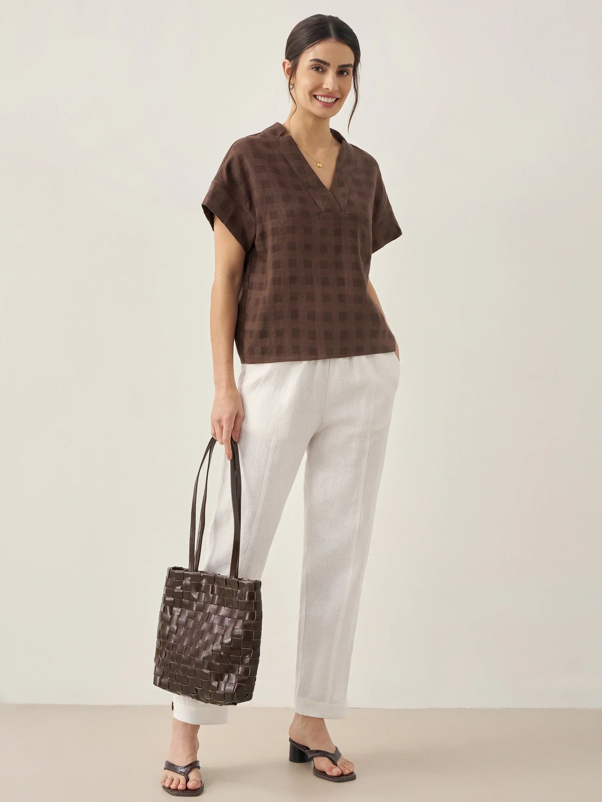 100% Linen Straight-Leg Pants with Elastic Waist - BOTTOMS-Linen