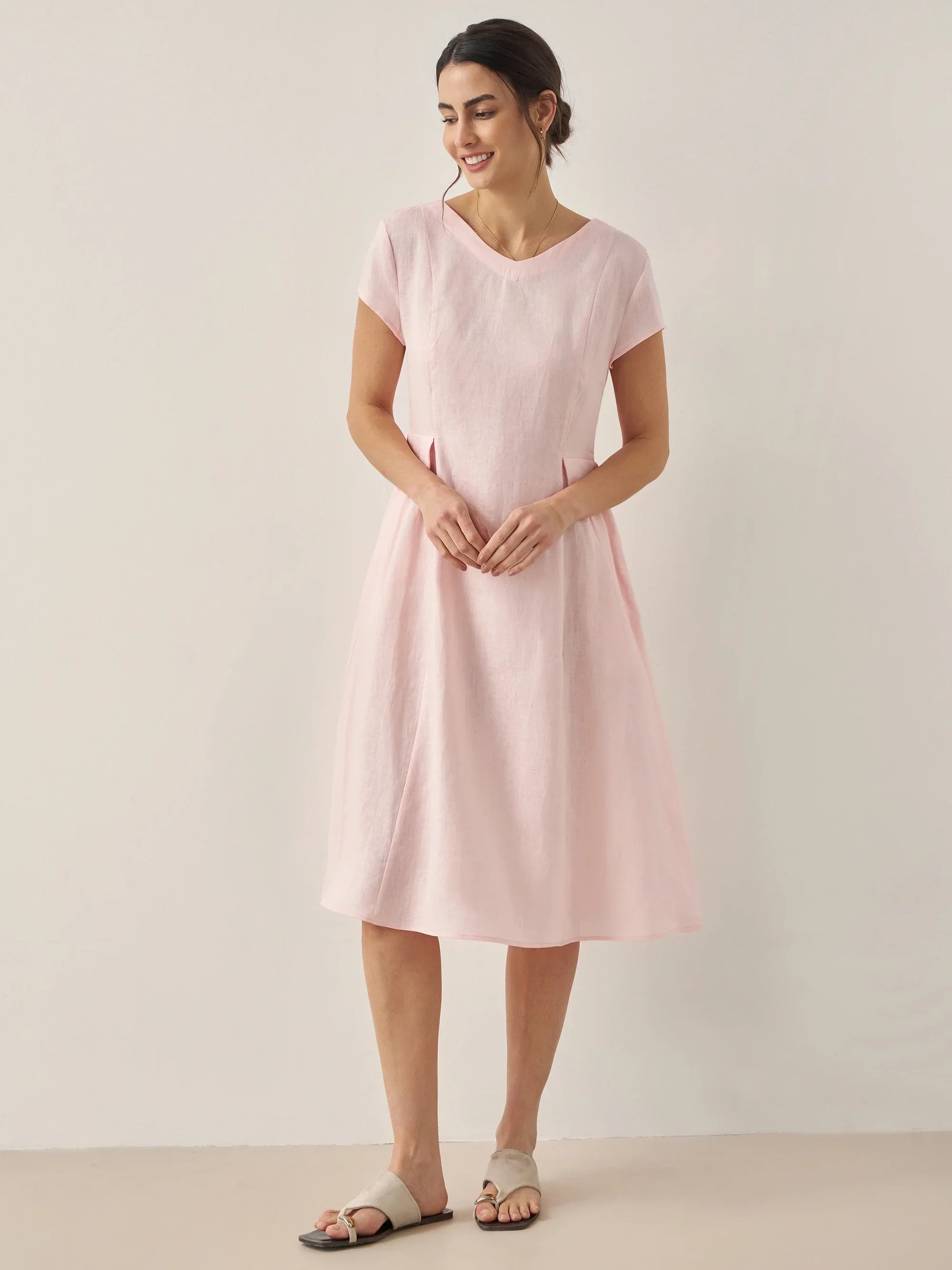 100% Linen Natural Summer V-Neck Dress - DRESSES-Linen Midi