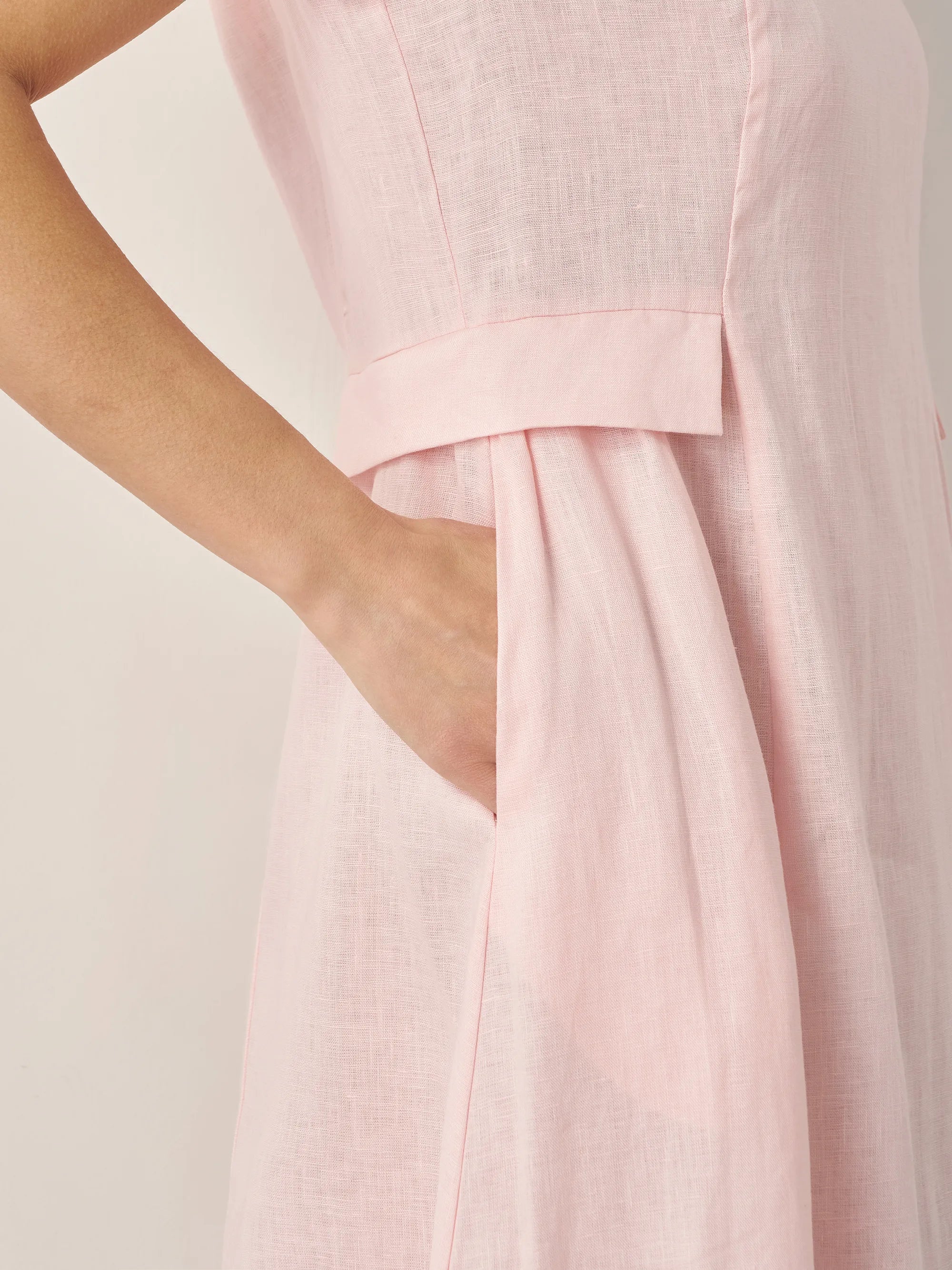 100% Linen Natural Summer V-Neck Dress - DRESSES-Linen Midi