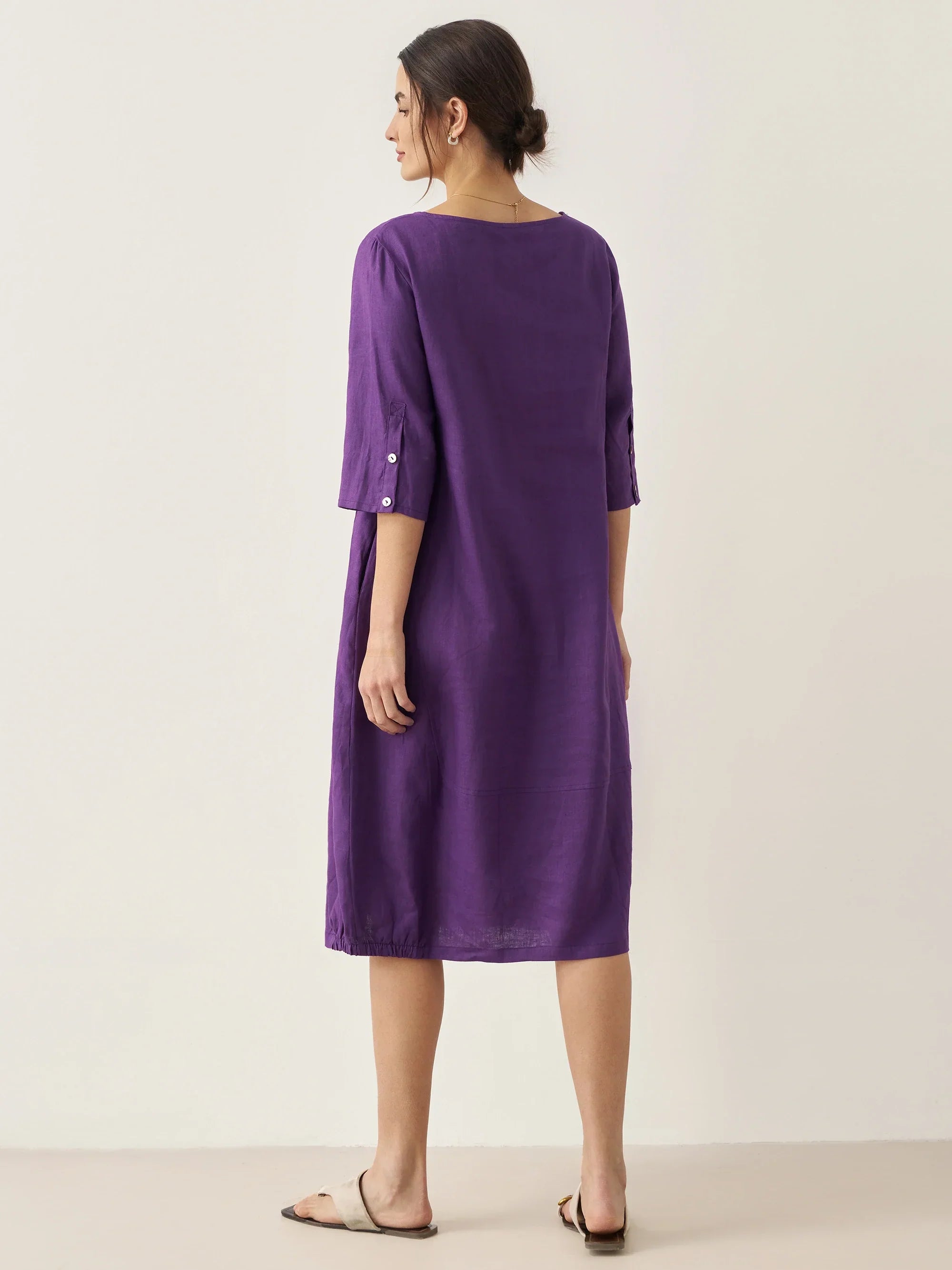100% Linen Collarless Mid-Length Dress SOFIA - DRESSES-Linen Midi