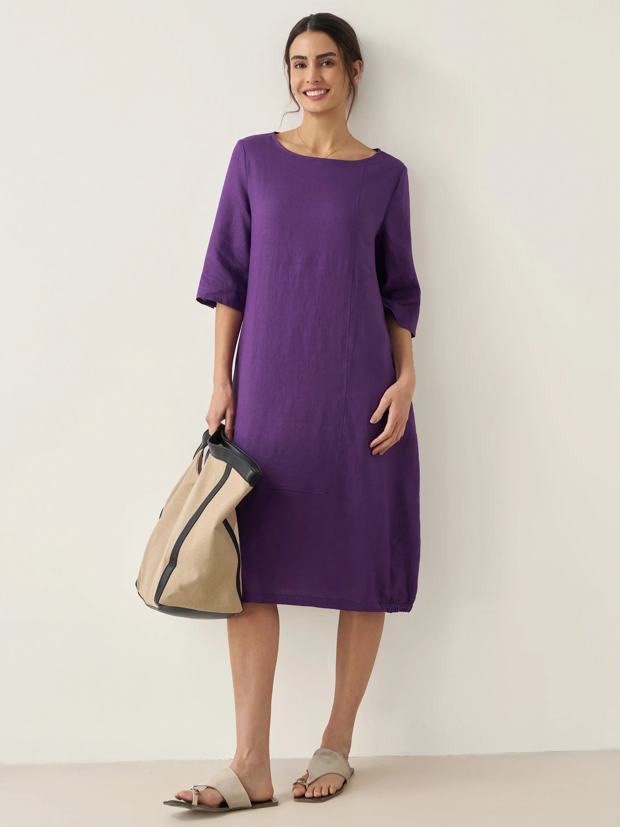 100% Linen Collarless Mid-Length Dress SOFIA - DRESSES-Linen Midi