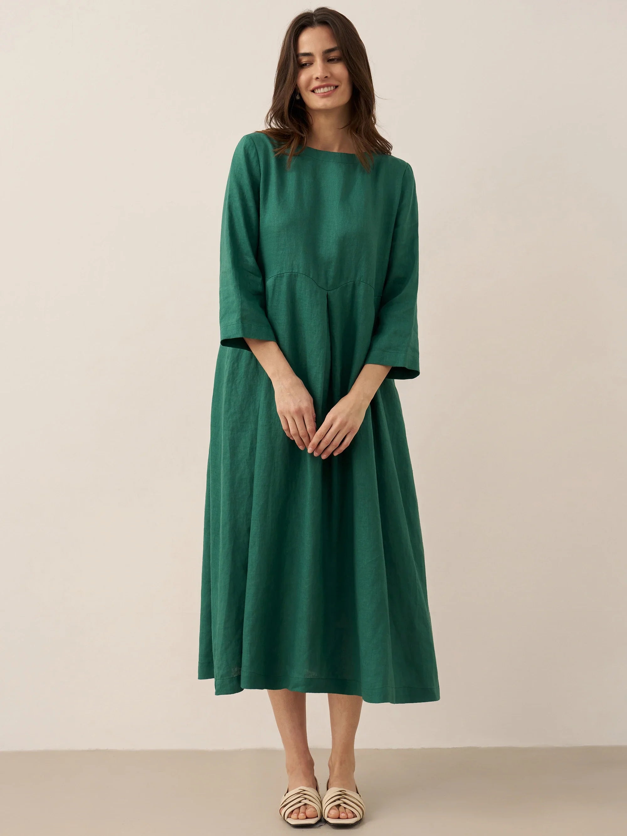 100% Linen Bateau Neck Pleated Midi Dress ABIGAIL by LINTICO for women