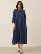 100% Linen Bateau Neck Pleated Midi Dress ABIGAIL by LINTICO for women