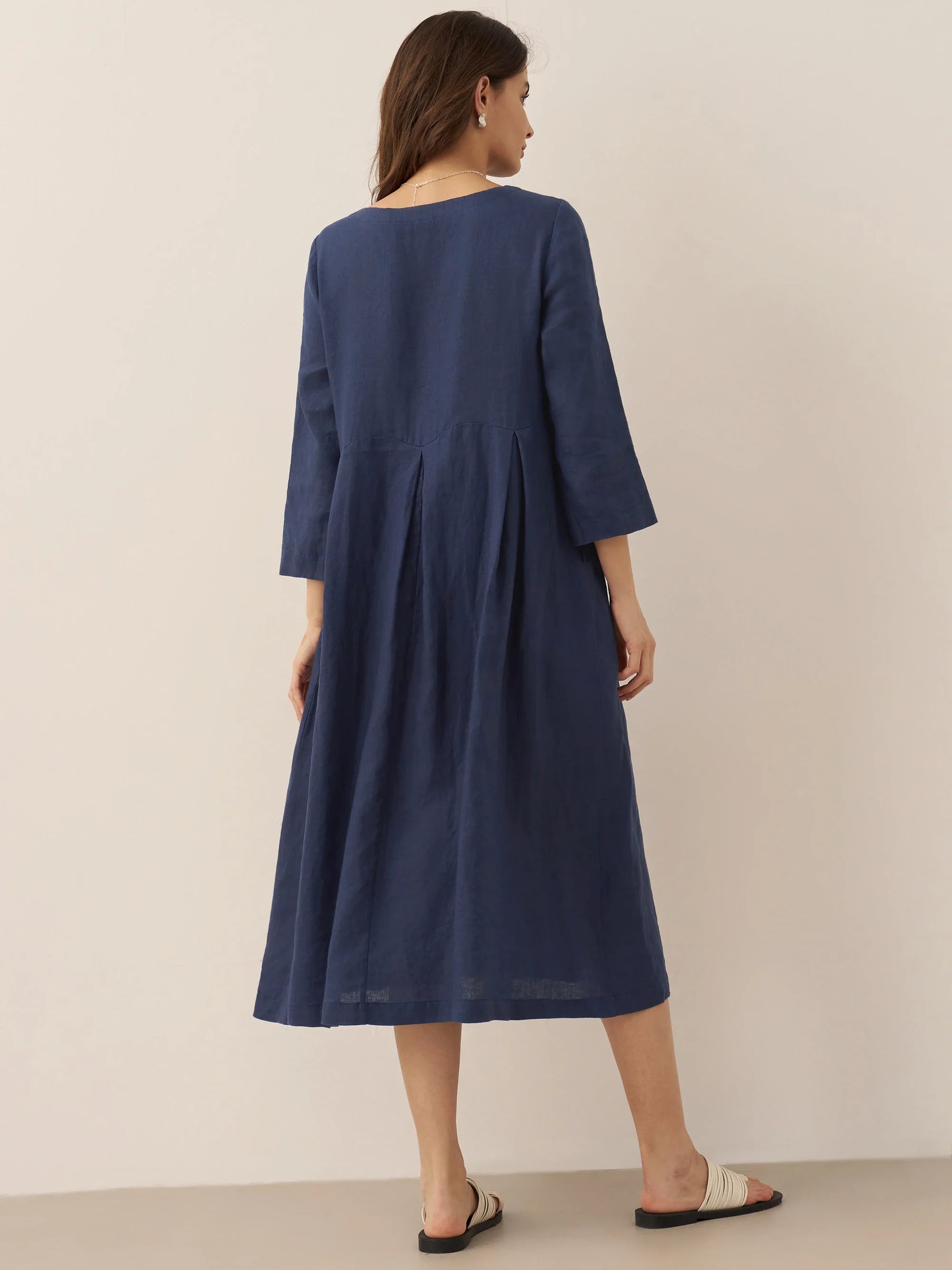 100% Linen Bateau Neck Pleated Midi Dress ABIGAIL by LINTICO for women