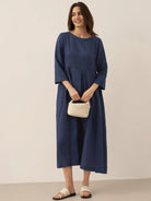 100% Linen Bateau Neck Pleated Midi Dress ABIGAIL by LINTICO for women
