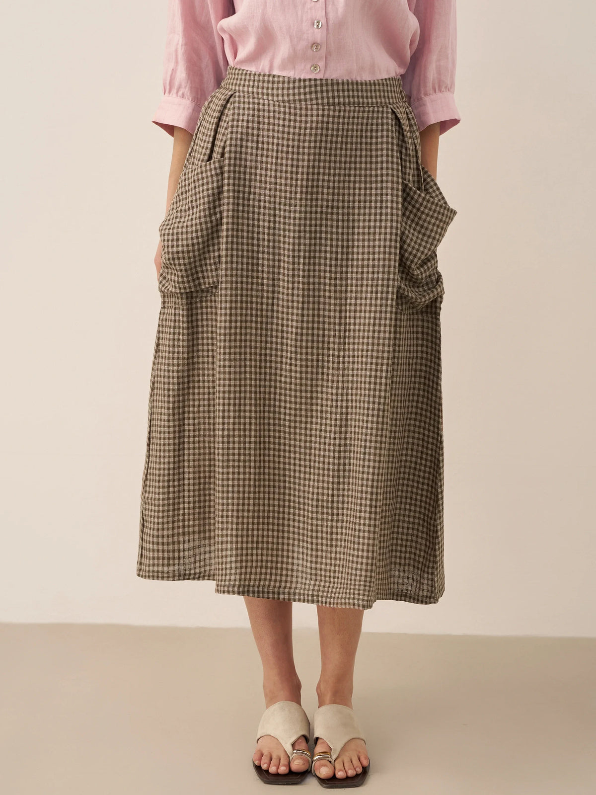 Linen Checked Elastic Waist Skirt MARINA by LINTICO for women