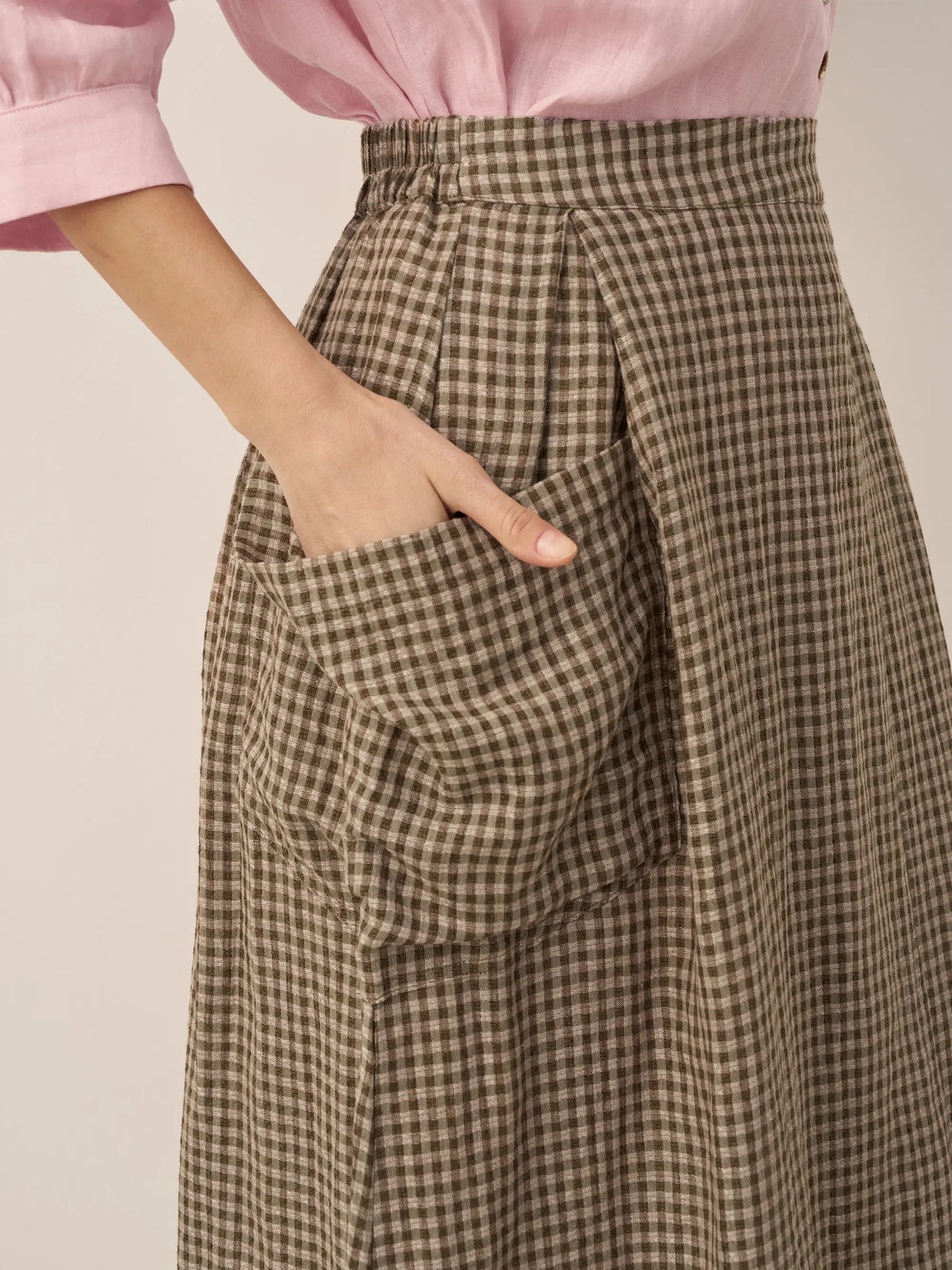 Linen Checked Elastic Waist Skirt MARINA by LINTICO for women