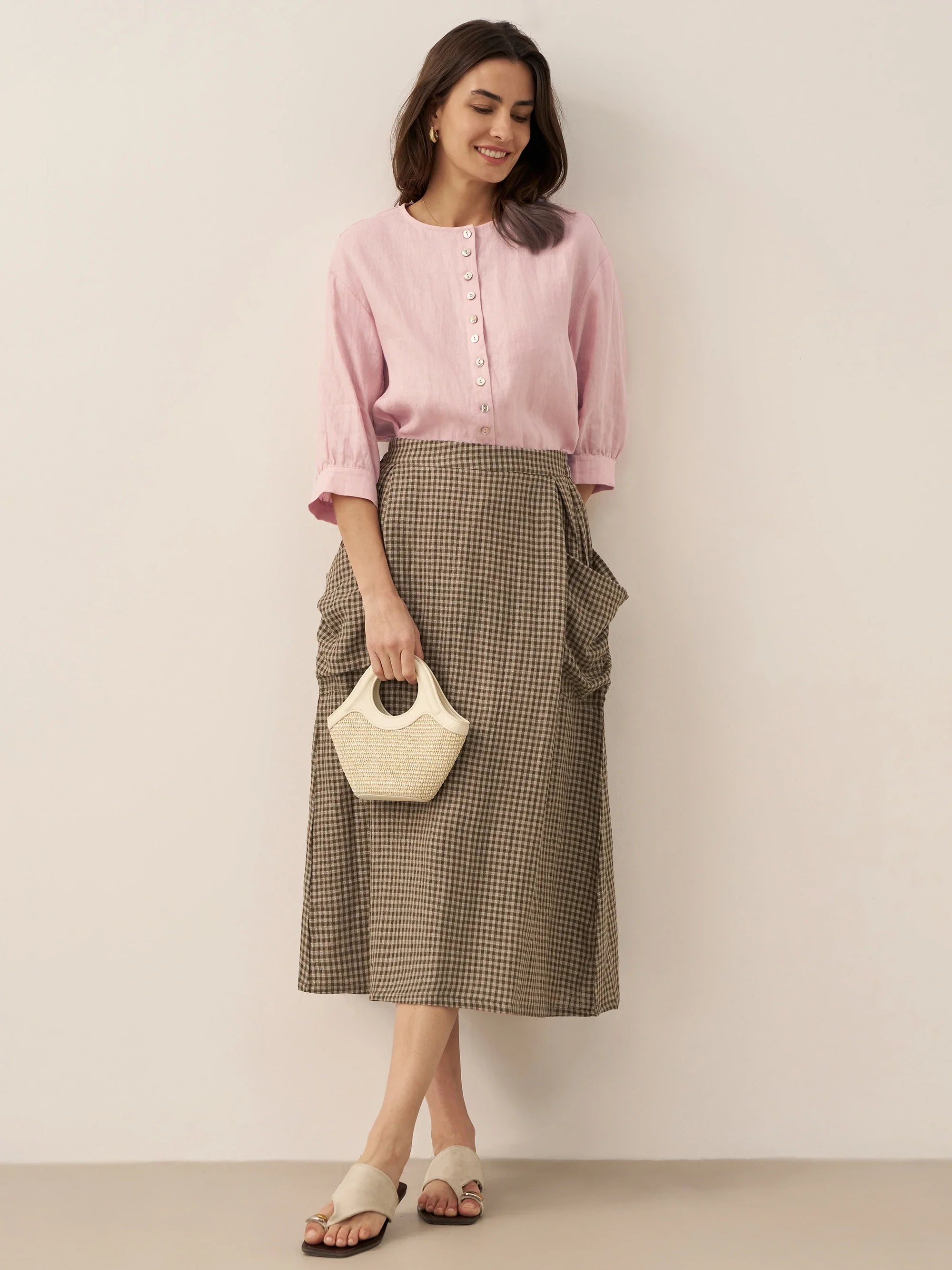Linen Checked Elastic Waist Skirt MARINA by LINTICO for women