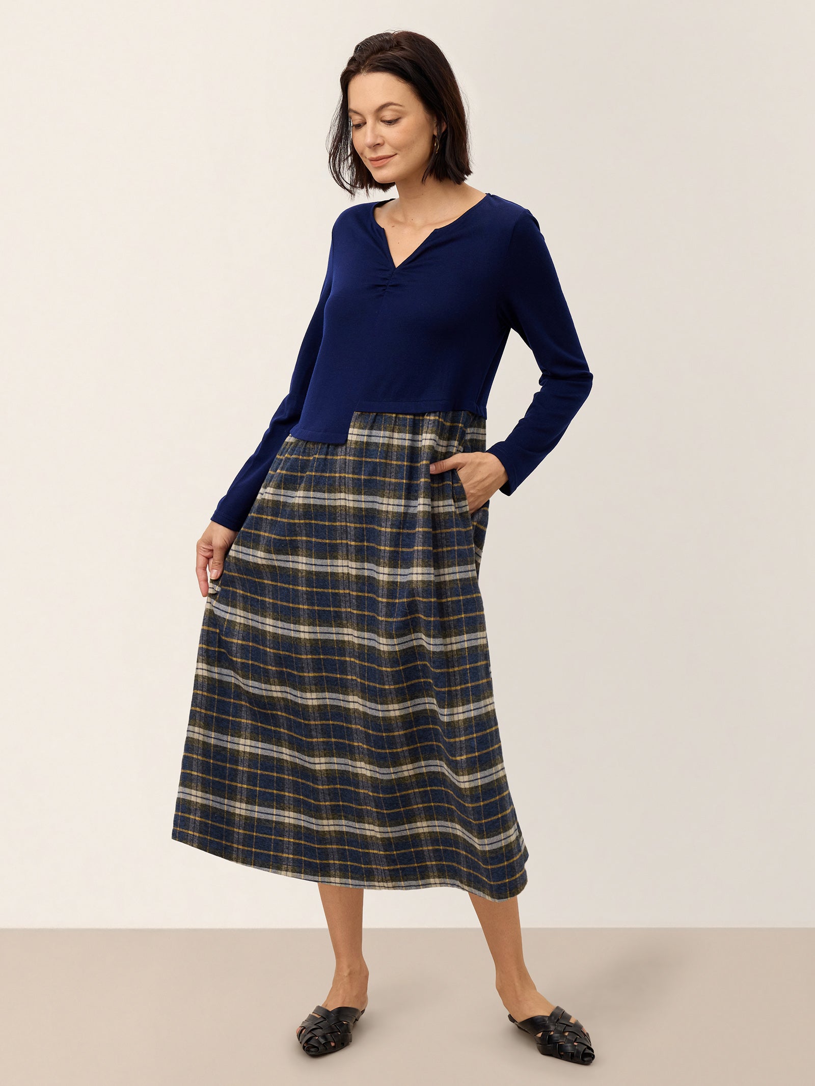 Wool Contrast Check Pleated Waist Midi Dress VALORA product image