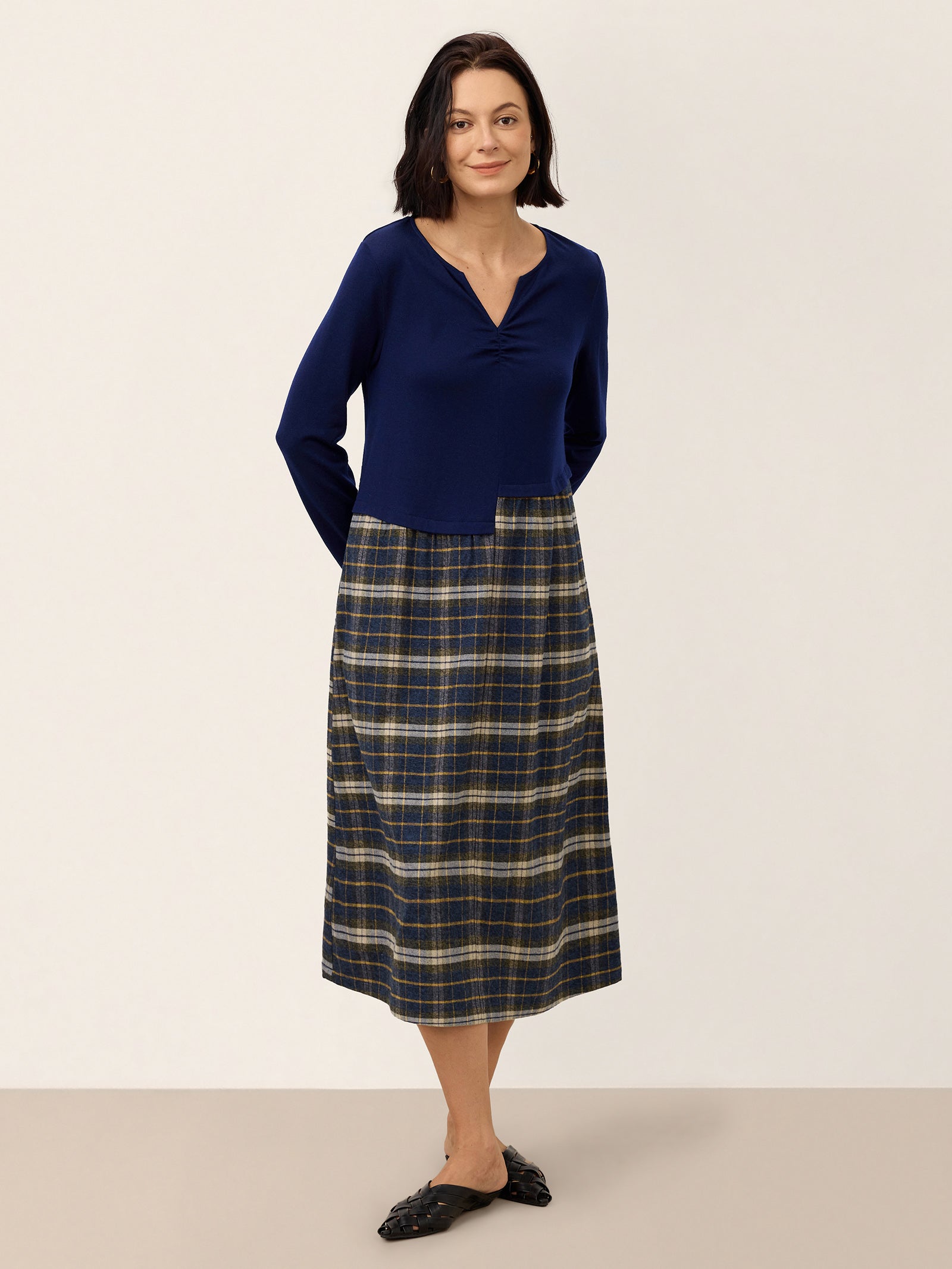 Wool Contrast Check Pleated Waist Midi Dress VALORA product image
