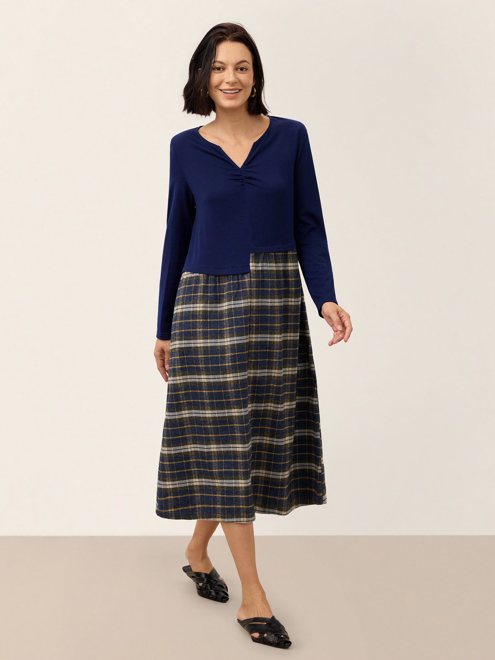 Wool Contrast Check Pleated Waist Midi Dress VALORA product image