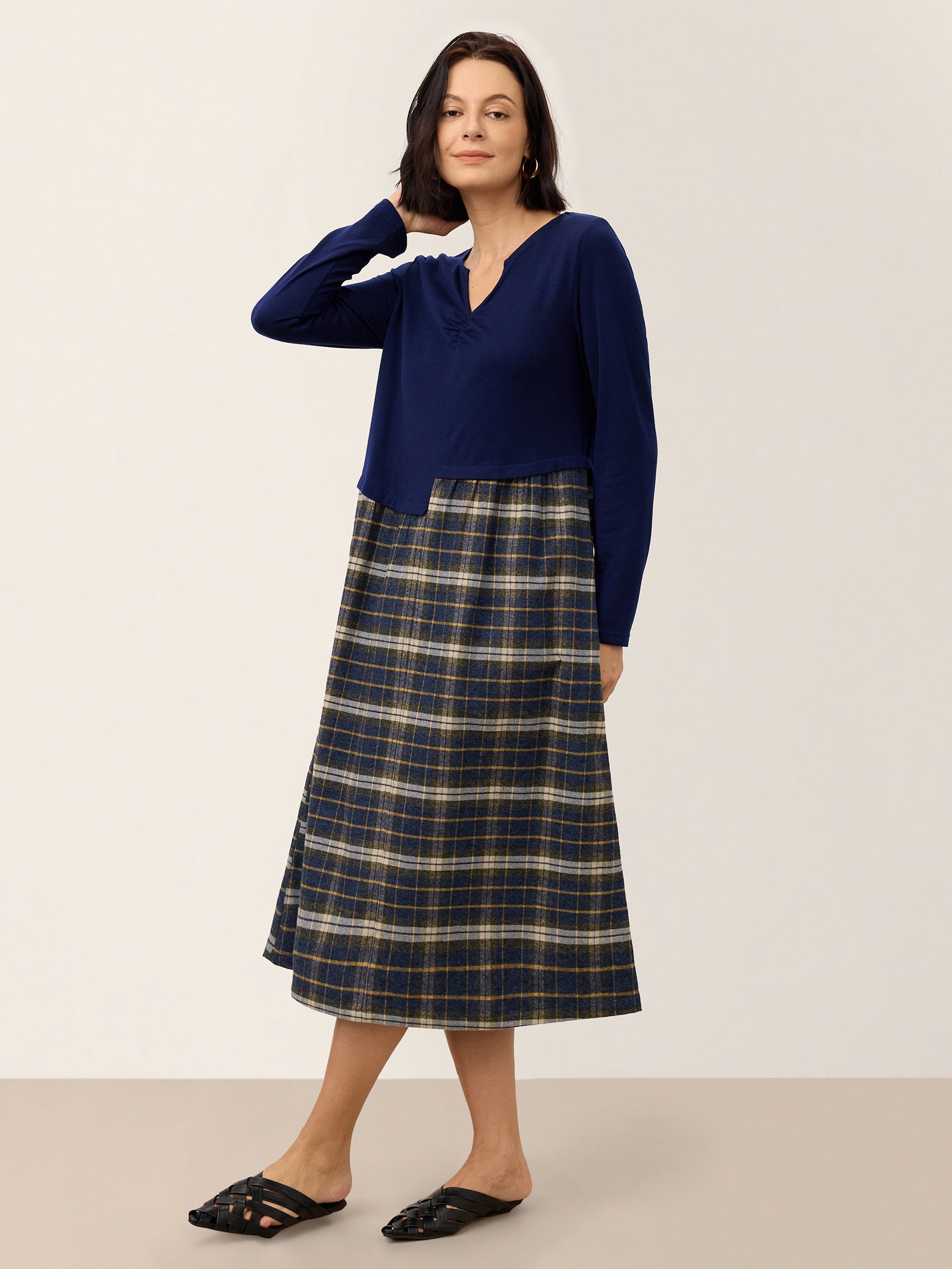 Wool Contrast Check Pleated Waist Midi Dress VALORA product image
