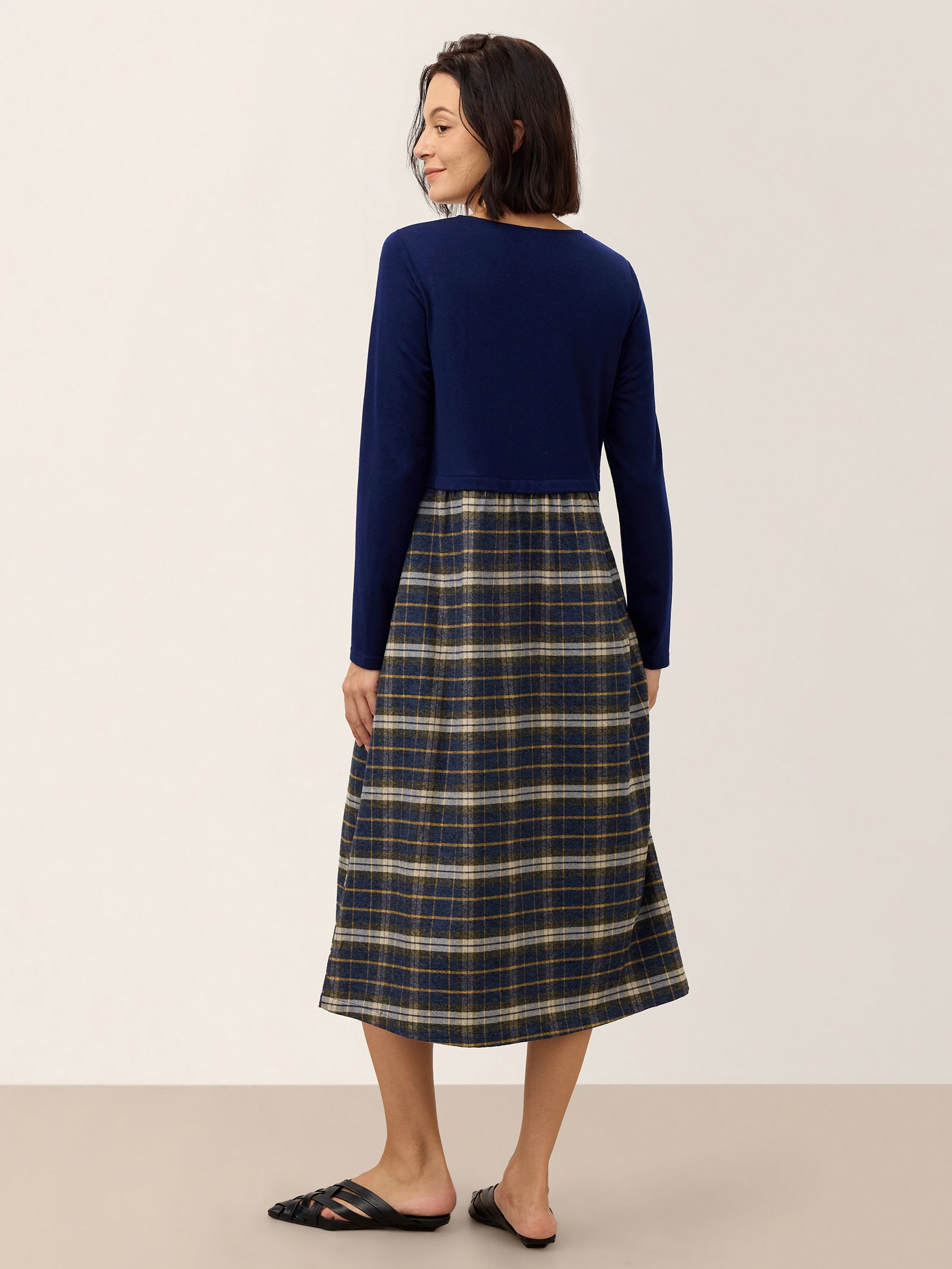 Wool Contrast Check Pleated Waist Midi Dress VALORA product image