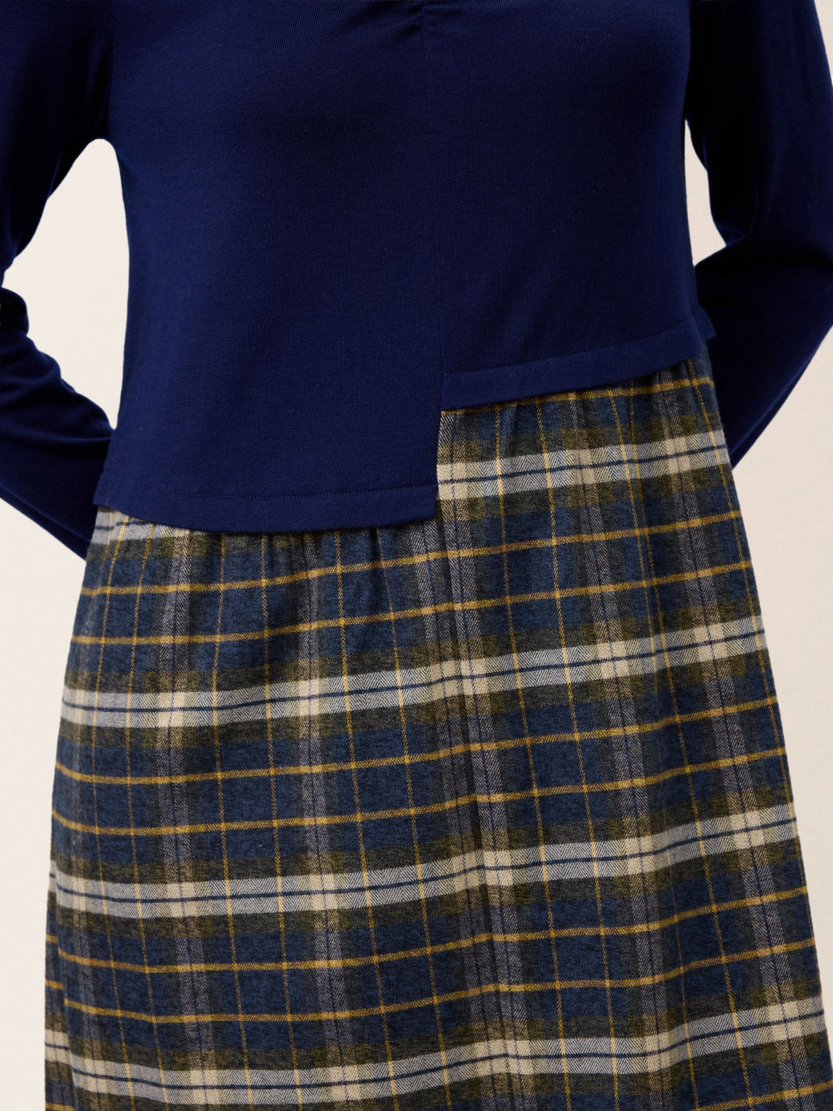 Wool Contrast Check Pleated Waist Midi Dress VALORA product image