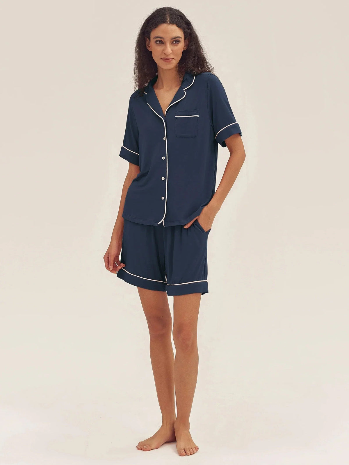 Short Sleeve Bamboo Viscose Pajama Set ODESSA - Navy Blue / Sets / S - LOUNGEWEAR-Bamboo Viscose PJS