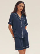 Short Sleeve Bamboo Viscose Pajama Set ODESSA - Navy Blue / Tops / S - LOUNGEWEAR-Bamboo Viscose PJS