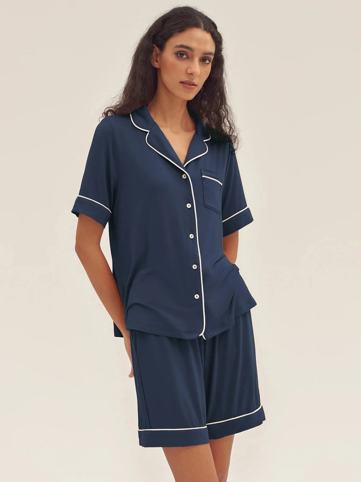Short Sleeve Bamboo Viscose Pajama Set ODESSA - Navy Blue / Tops / S - LOUNGEWEAR-Bamboo Viscose PJS