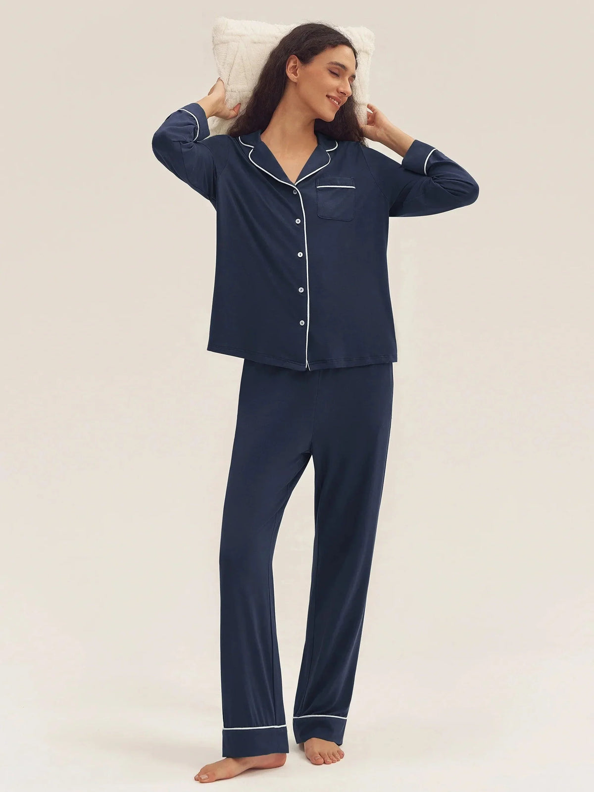 Long Sleeve Bamboo Viscose Pajama Set Adeline - Navy Blue / Sets / S - LOUNGEWEAR-Bamboo Viscose PJS