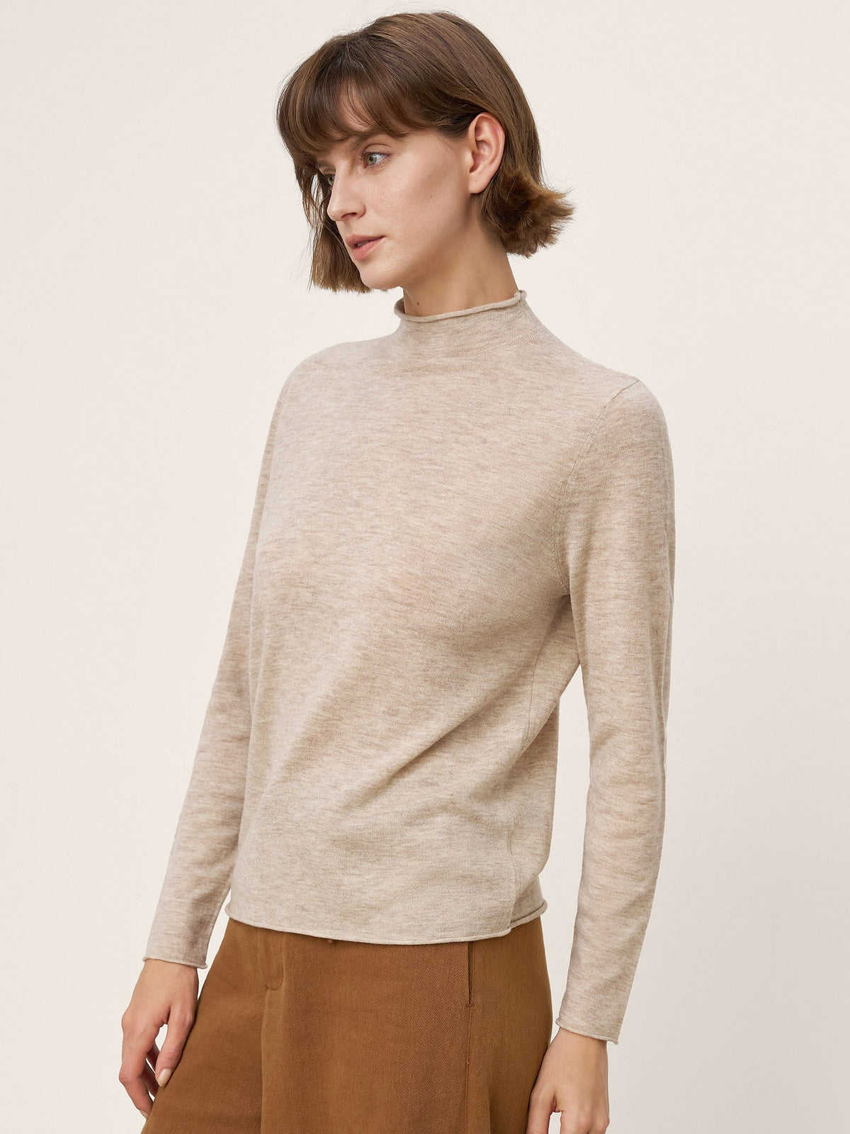 100% Extra-Fine Merino Wool Mock Neck Sweater with Rolled Edge ELA by LINTICO for women