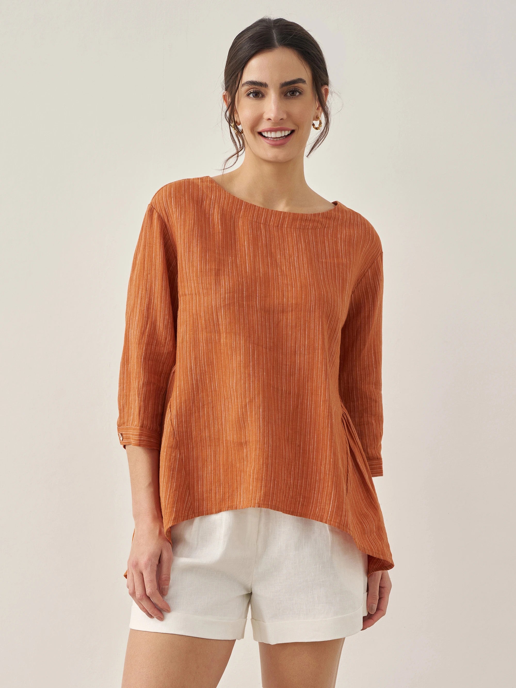 100% Linen Round Neck Artistic Stripe Top - TOPS-Linen Blouses