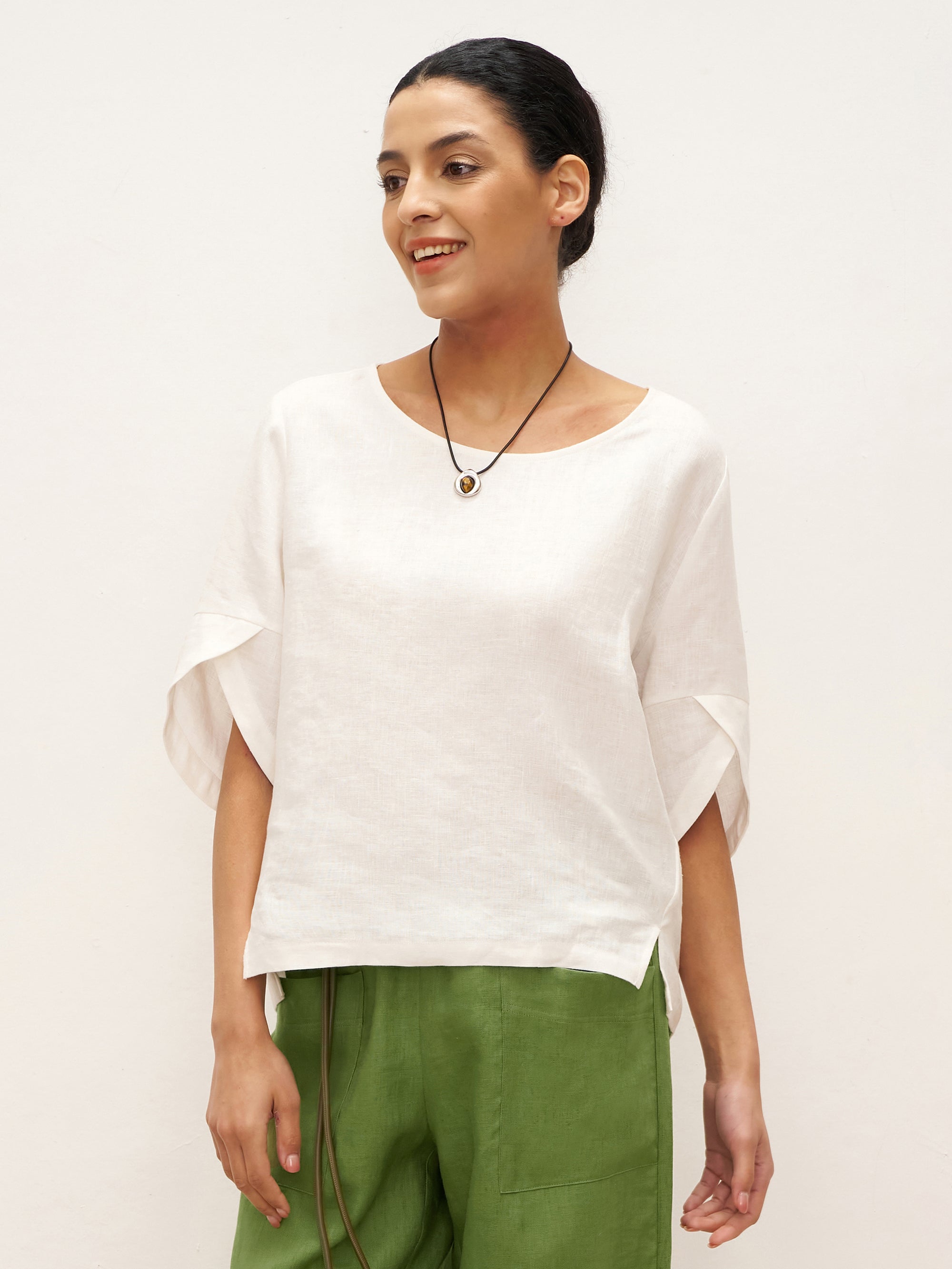 100% Linen Round Neck Petal-Sleeve Pullover LAUREL - Optic White / S - TOPS-Linen Blouses
