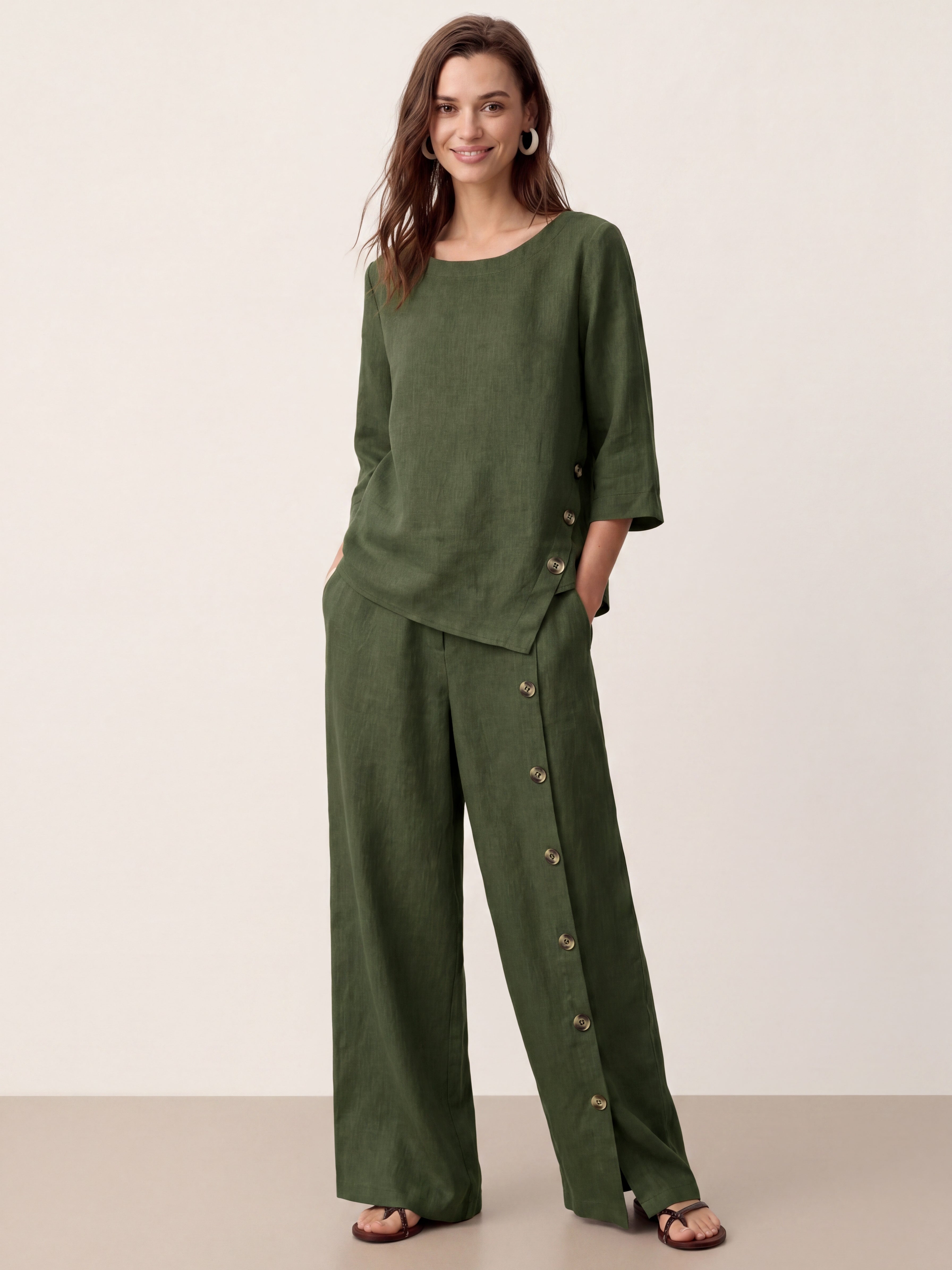 100% Linen Buttoned Slit-Hem Pants KATYA by LINTICO for women