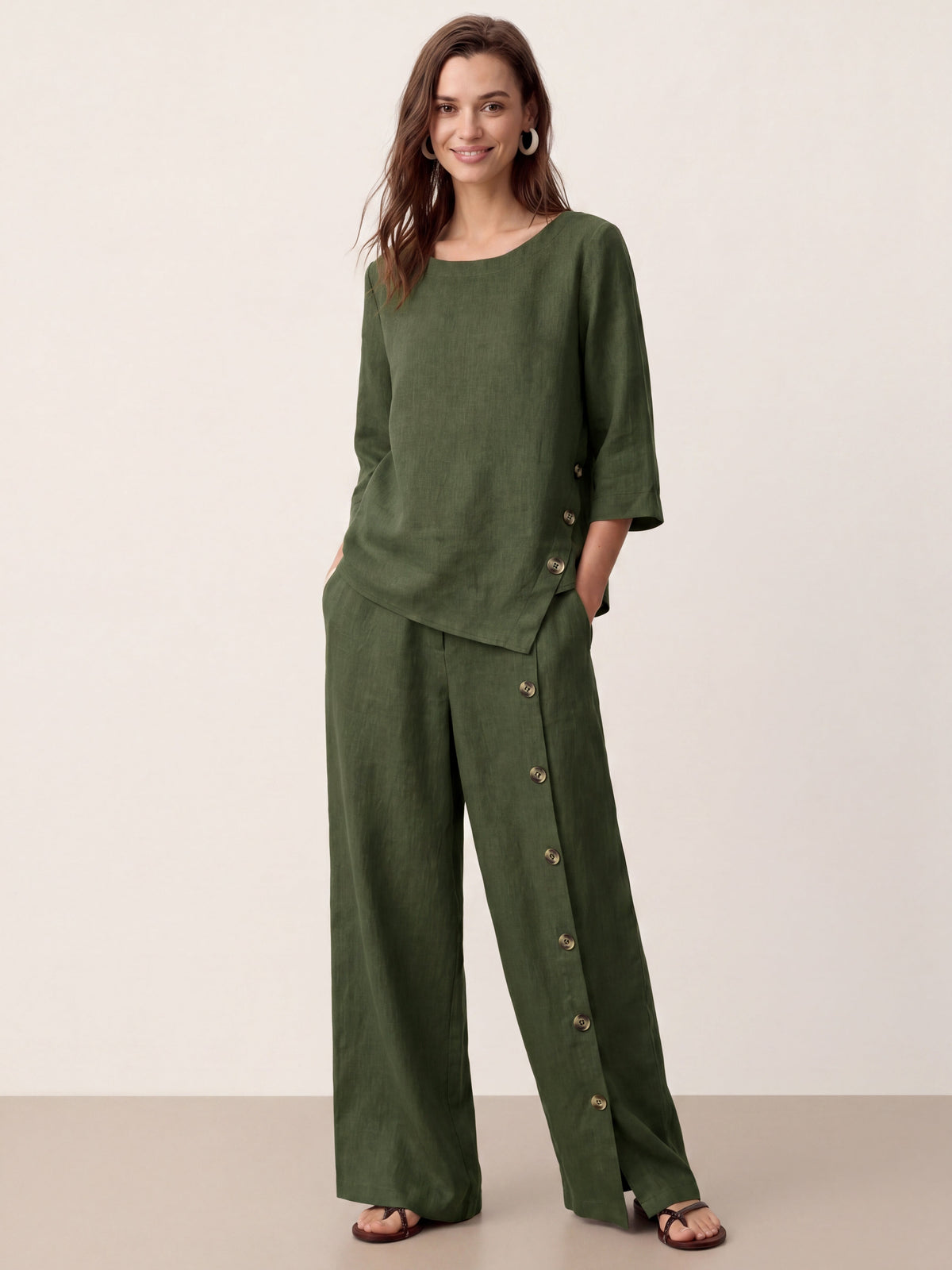 100% Linen Buttoned Slit-Hem Pants KATYA by LINTICO for women