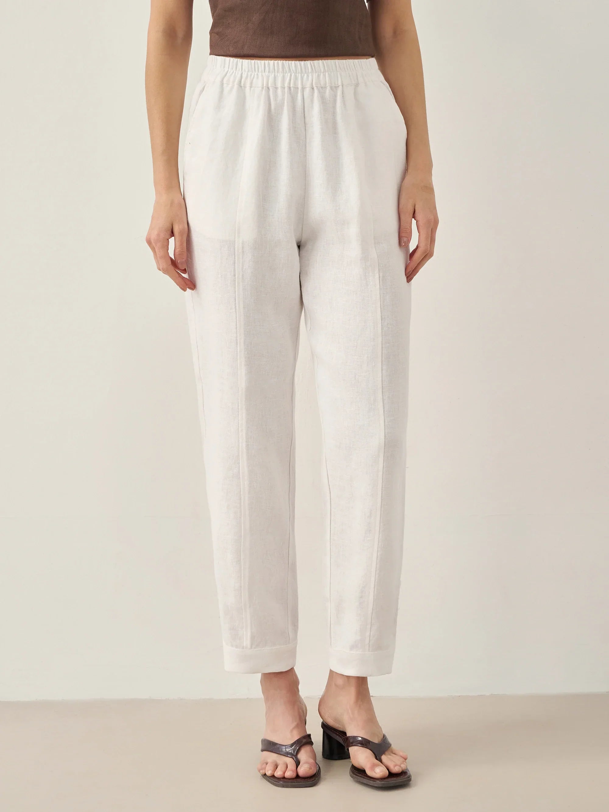 100% Linen Straight-Leg Pants with Elastic Waist - BOTTOMS-Linen