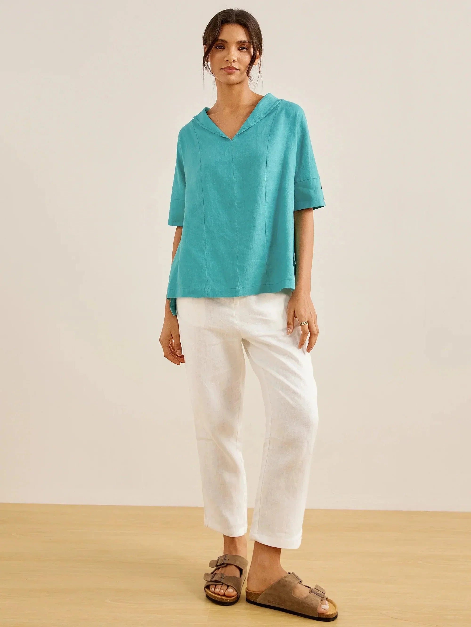 100% Linen V-Neck Short Sleeve Shirt SIERRA - TOPS-Linen Blouses