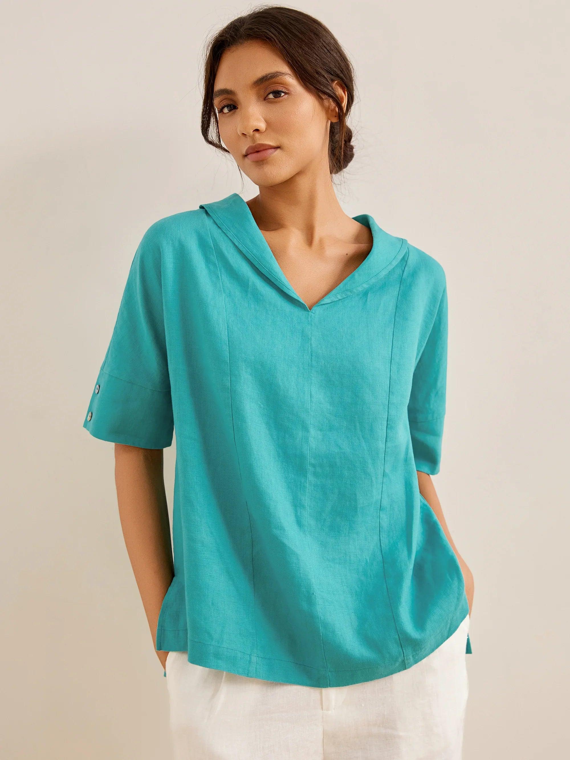 SIERRA mint lagoon linen V-neck short sleeve shirt