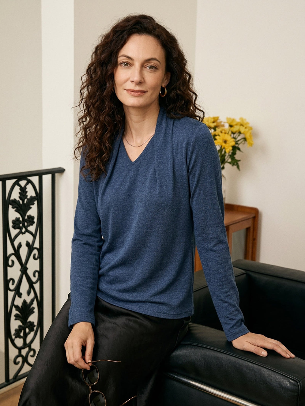 Lapis Blue Wool Draped Shawl Collar Long Sleeve Top MARISTELLA