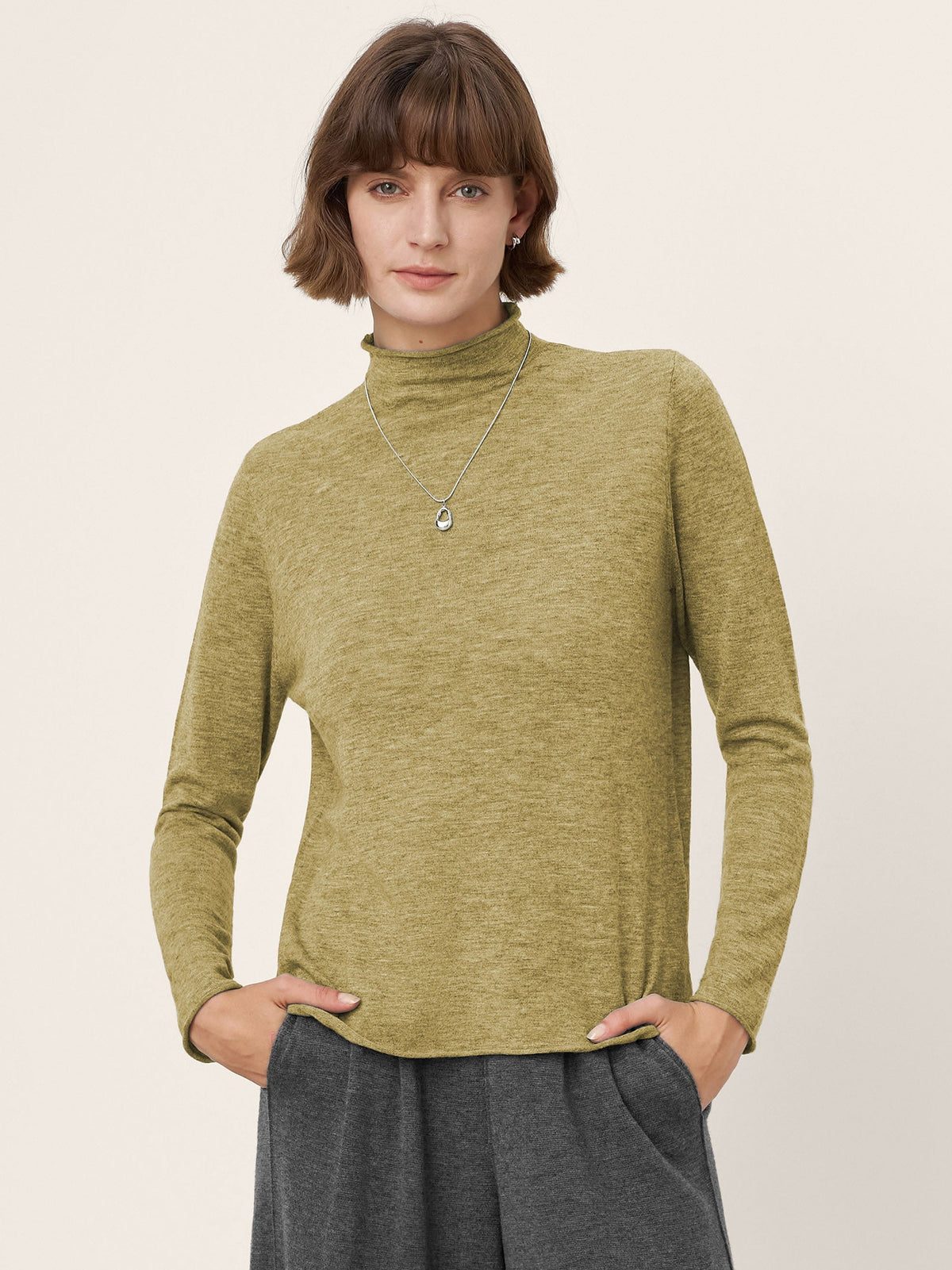 100% Extra-Fine Merino Wool Mock Neck Sweater with Rolled Edge ELA by LINTICO for women