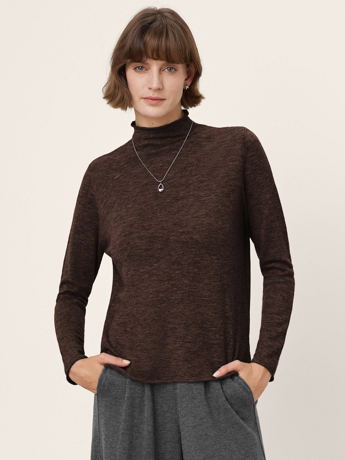 100% Extra-Fine Merino Wool Mock Neck Sweater with Rolled Edge ELA by LINTICO for women