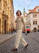 Taupe Melange Wool Diagonal Seam Peplum Knit Top ROSINA