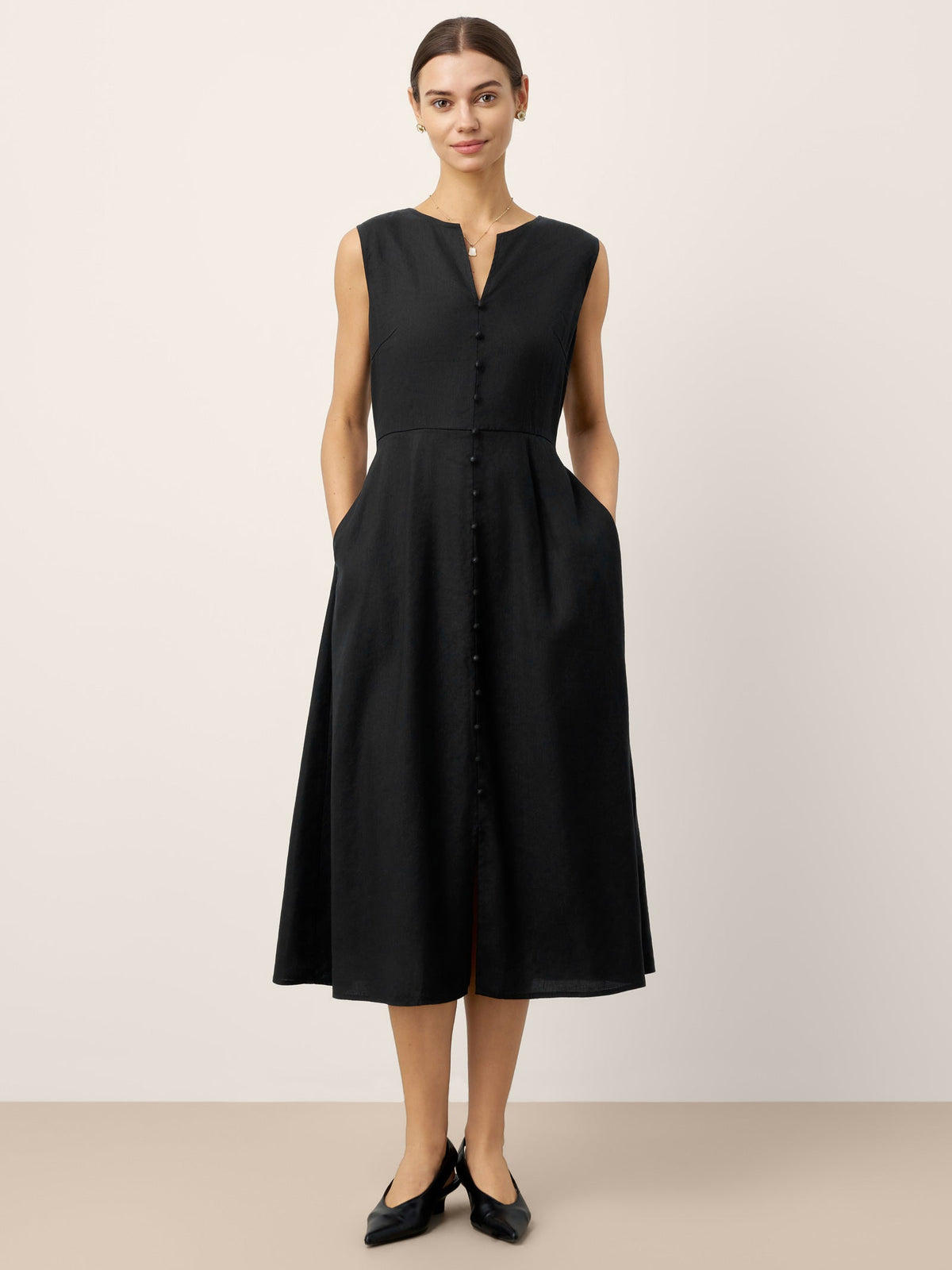 Linen-Lyocell V-Neck Sleeveless Midi Dress WILLOW by LINTICO for women