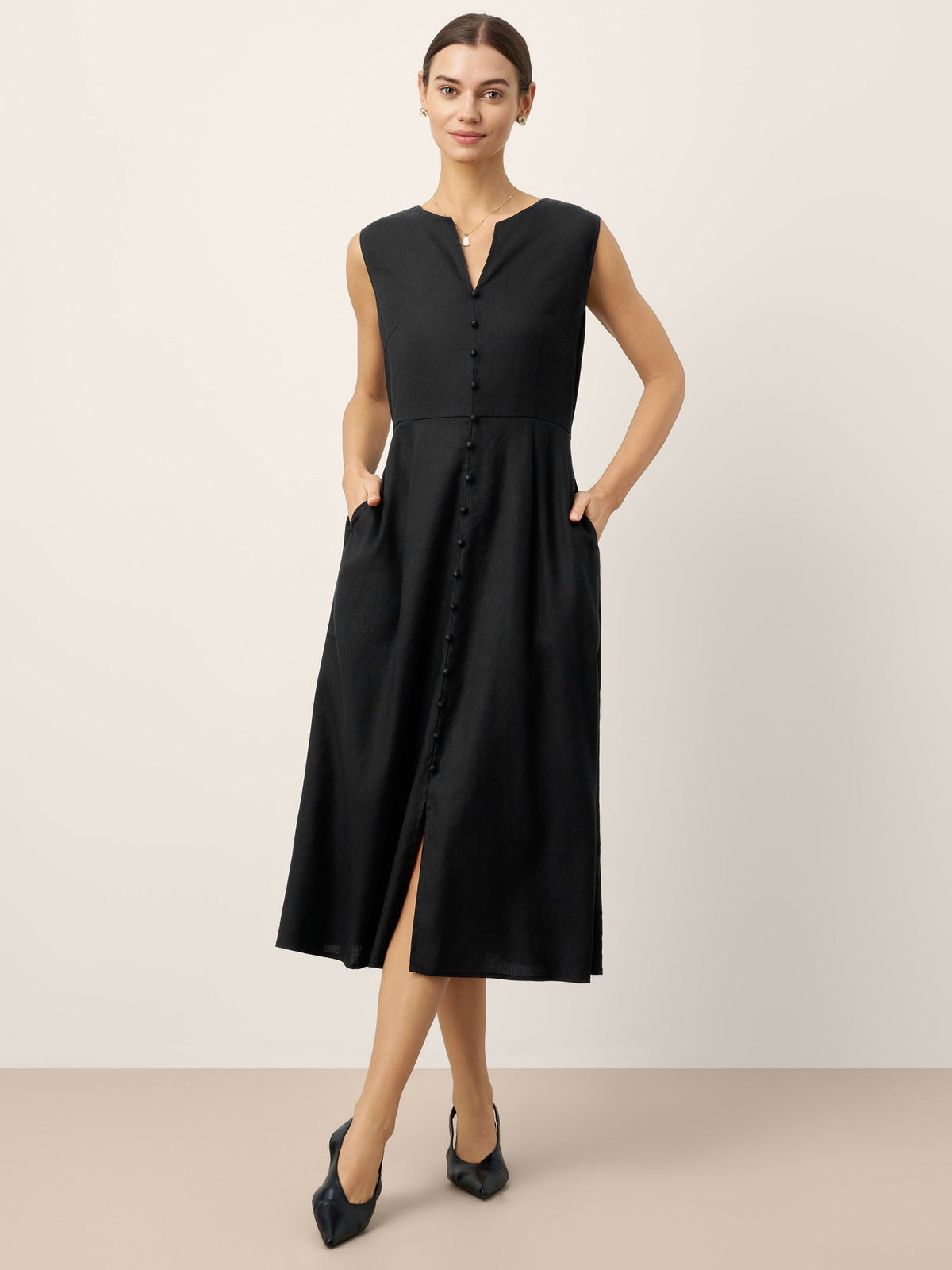 Linen-Lyocell V-Neck Sleeveless Midi Dress WILLOW by LINTICO for women