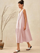 Linen Vacation Sleeveless V-Neck Mid-Length Dress CELINE - DRESSES-Linen Midi
