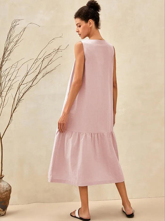 Linen Vacation Sleeveless V-Neck Mid-Length Dress CELINE - DRESSES-Linen Midi