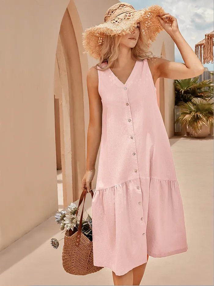 Linen Vacation Sleeveless V-Neck Mid-Length Dress CELINE - DRESSES-Linen Midi