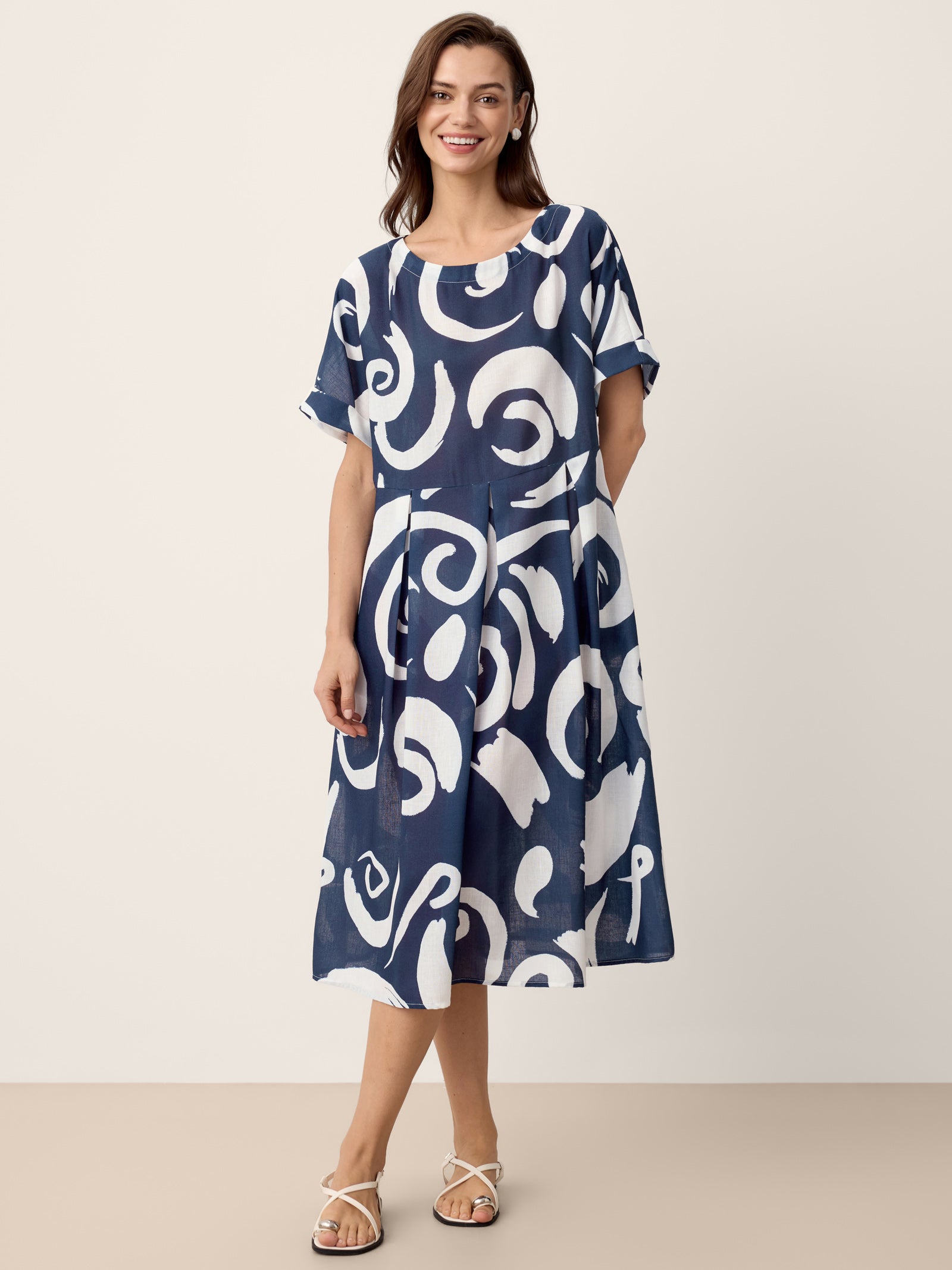PRIYA navy abstract linen pleated waist midi dress