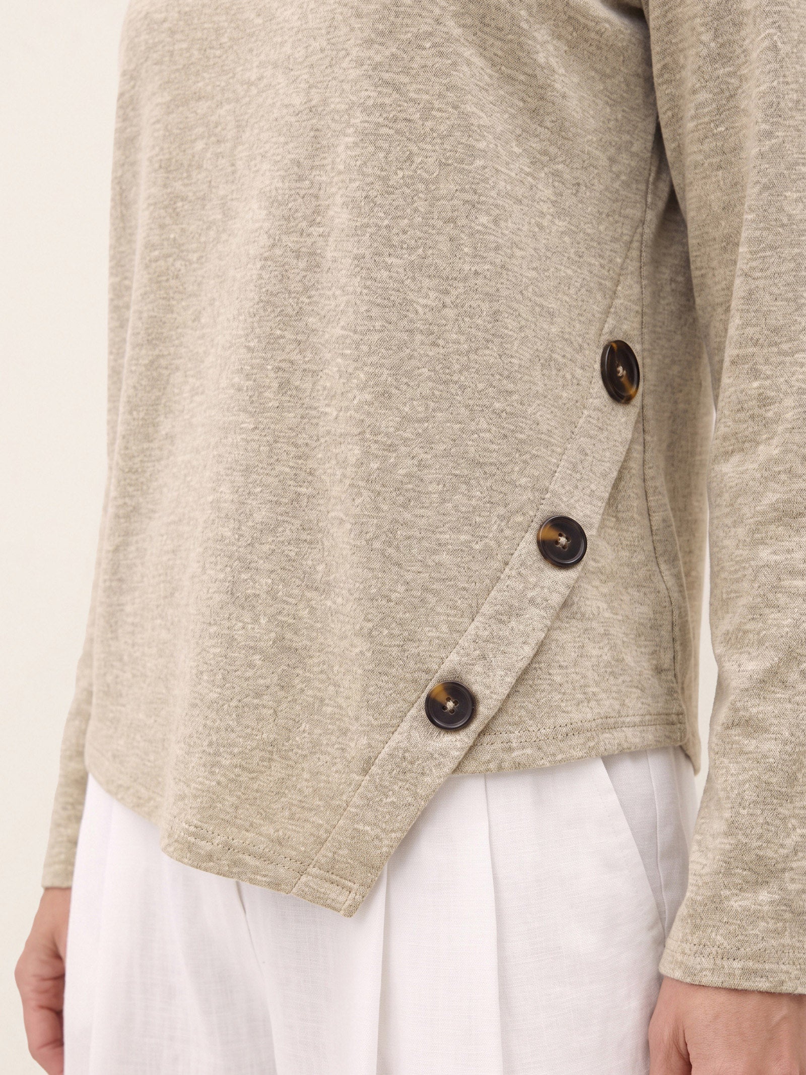 Oat Melange Lyocell Wool Asymmetric Hem Side Button Knit Top CELIA by LINTICO