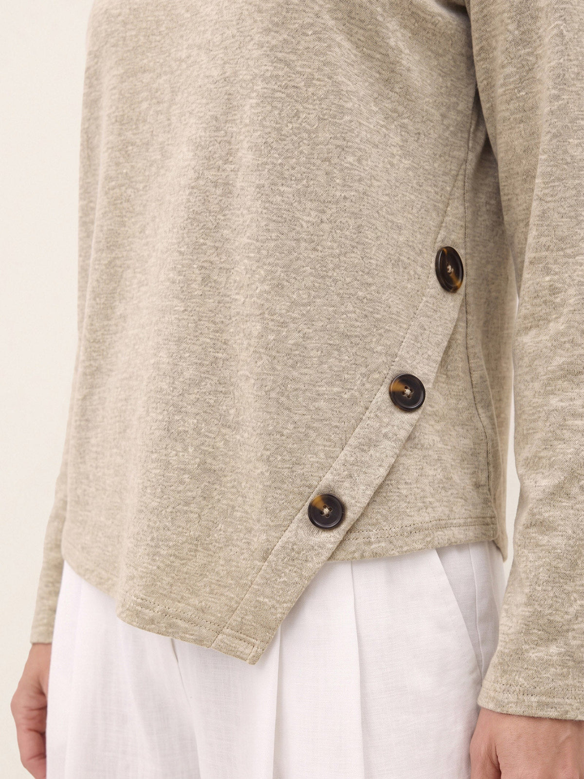 Oat Melange Lyocell Wool Asymmetric Hem Side Button Knit Top CELIA by LINTICO