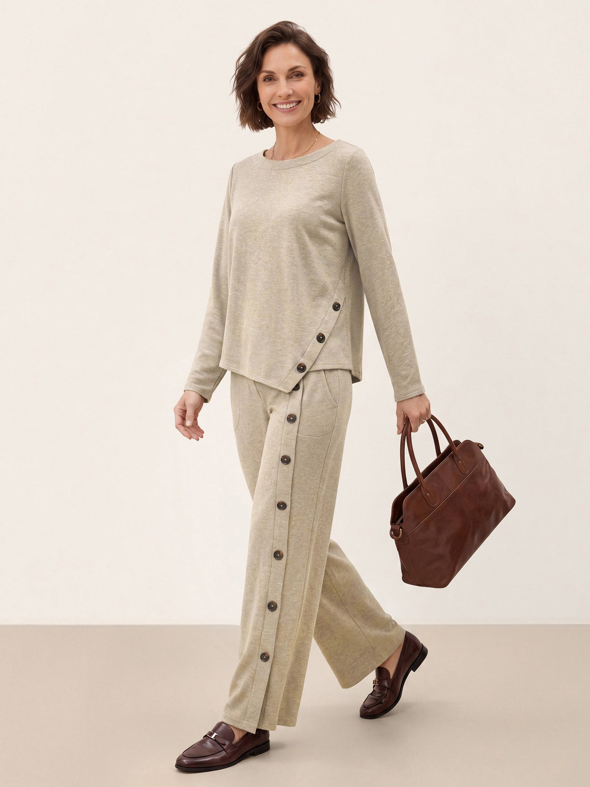 Oat Melange Lyocell Wool Asymmetric Hem Side Button Knit Top CELIA by LINTICO